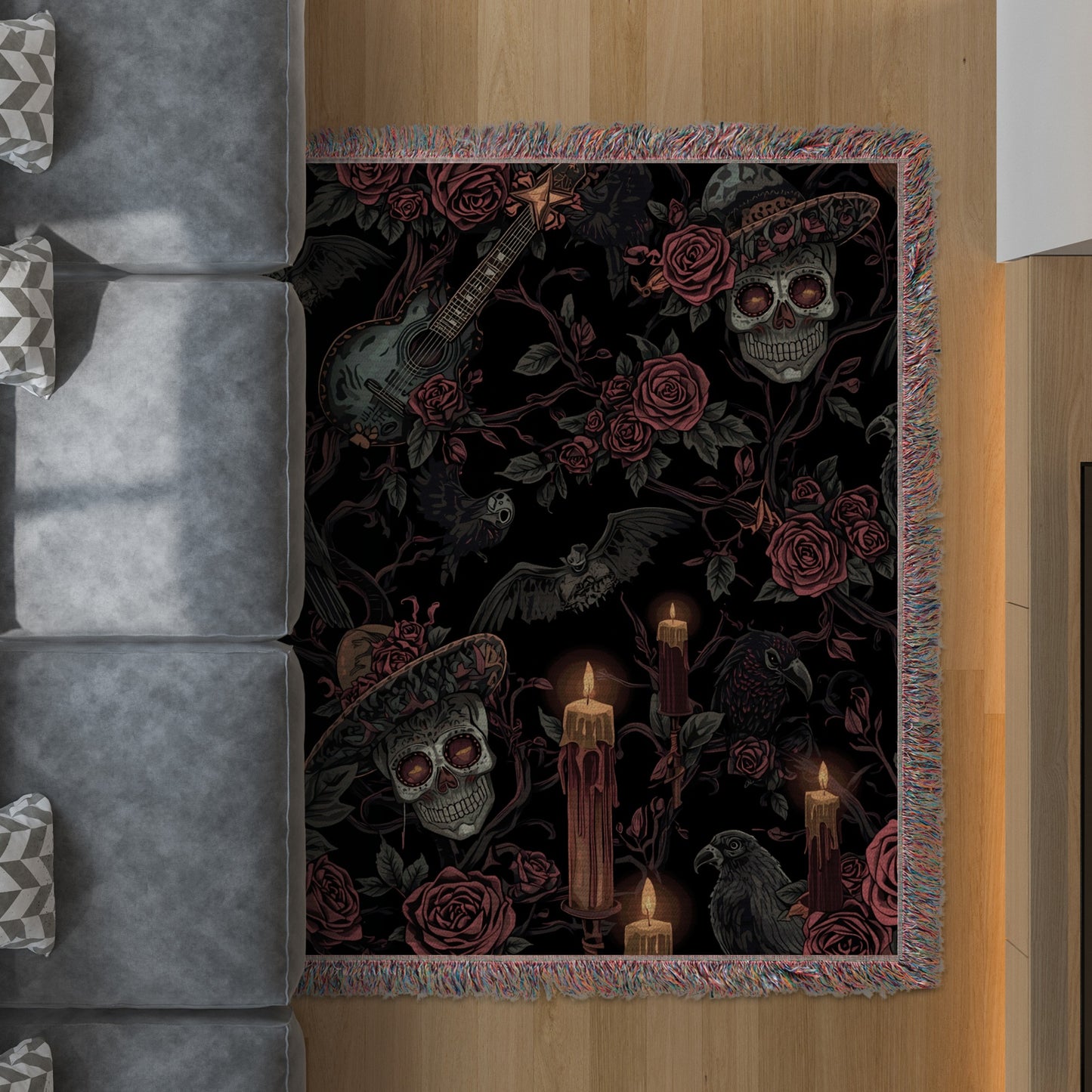 Halloween Gothic Skull and Candle Decorative Throw Blanket