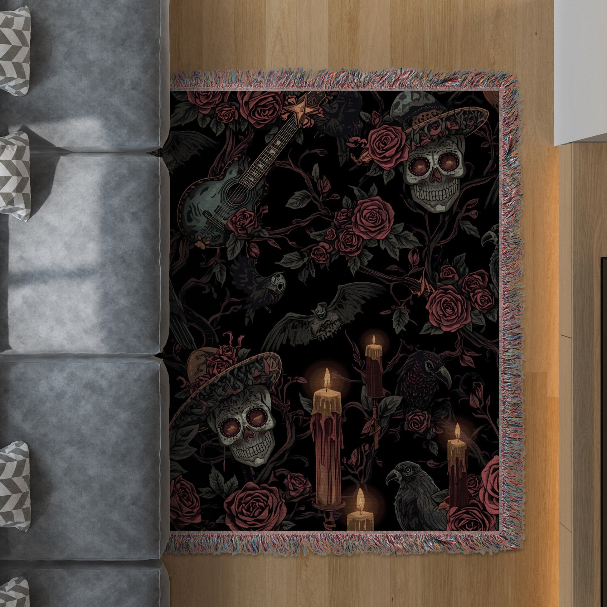 Halloween Gothic Skull and Candle Decorative Throw Blanket