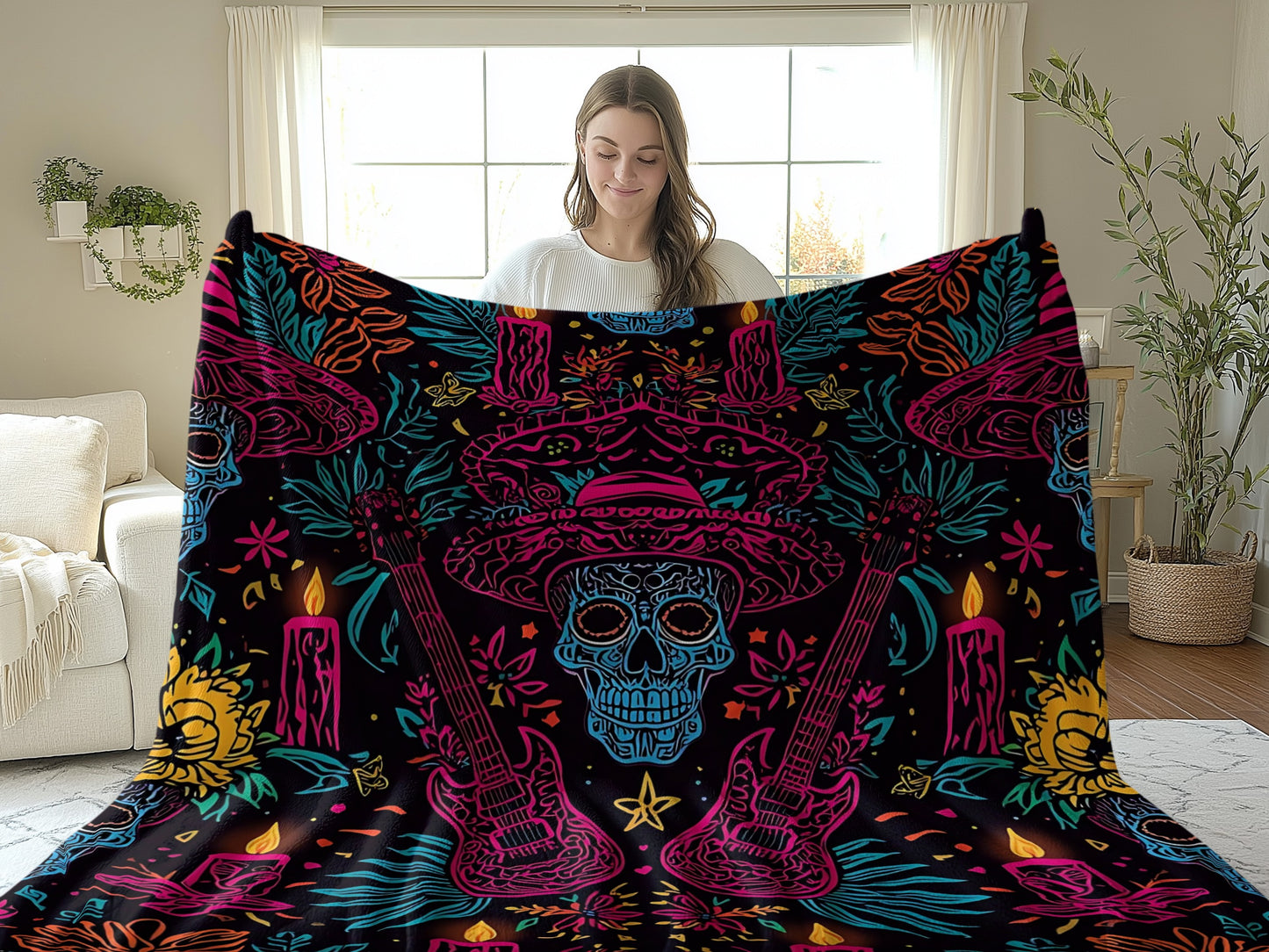 Colorful Skull and Guitars Pattern Blanket product