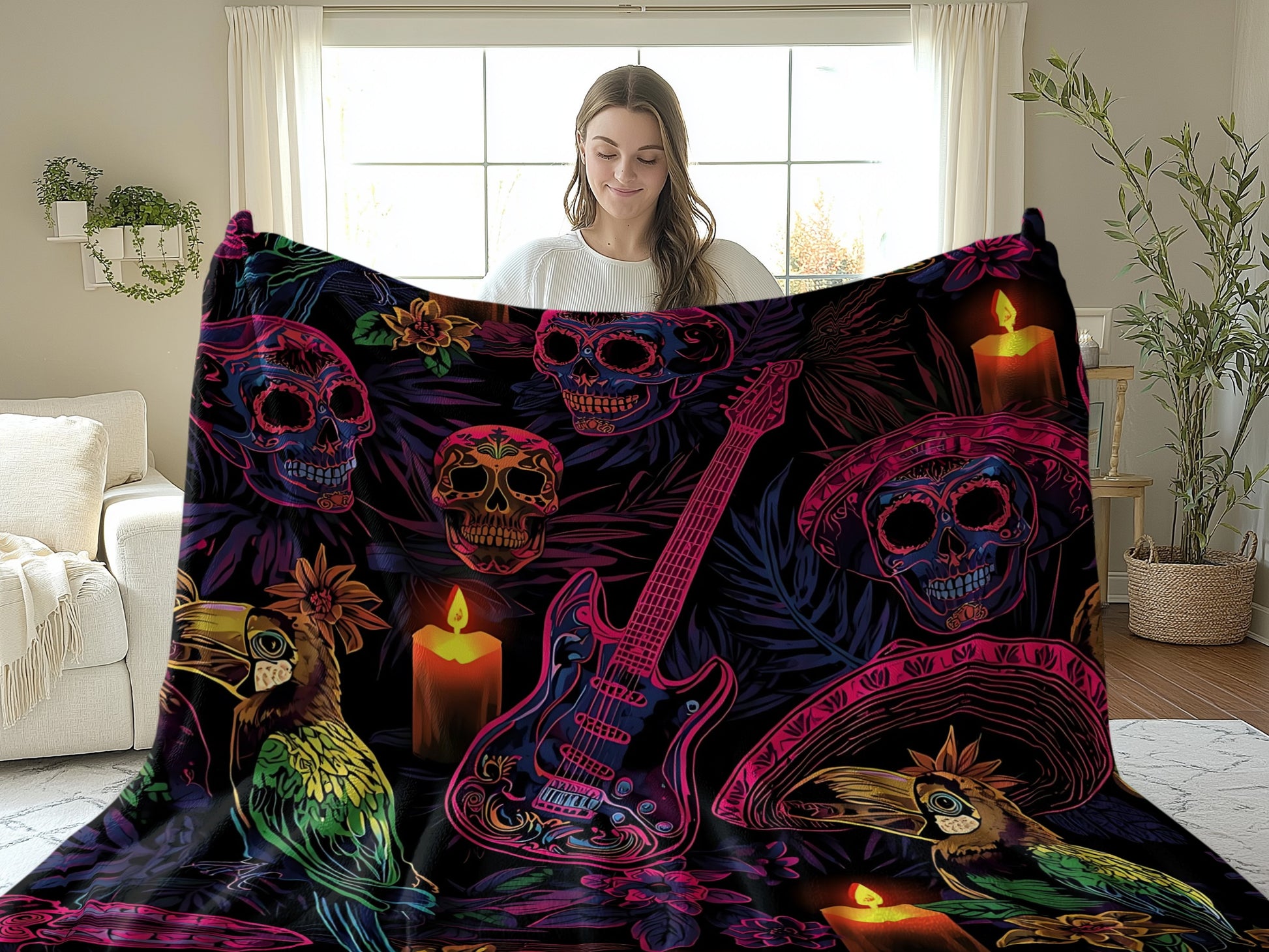 Vivid Skull Guitar Parrot Artwork Design Blanket product type