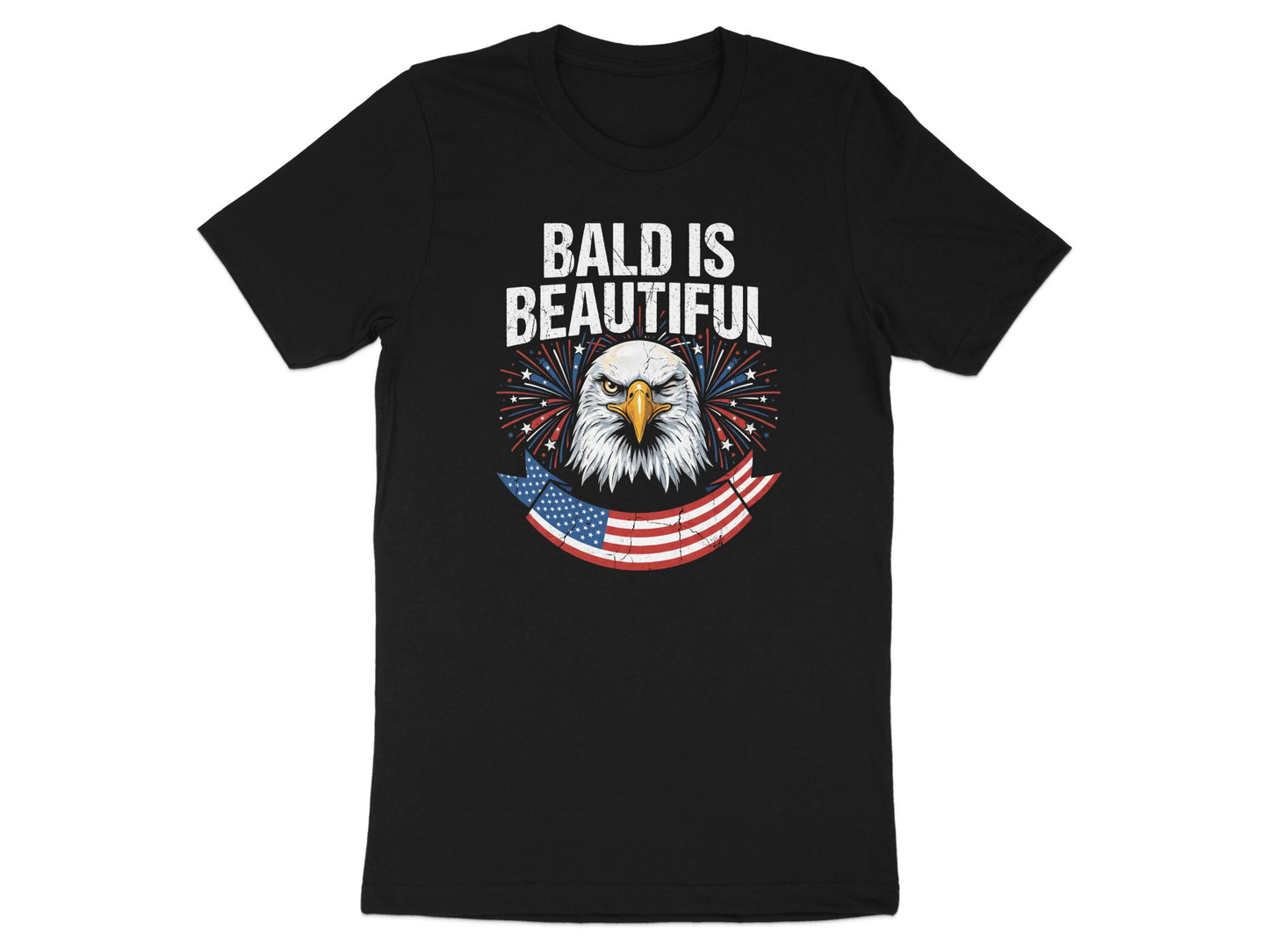Black t-shirt with an eagle and American flag graphic that says "Bald is Beautiful."