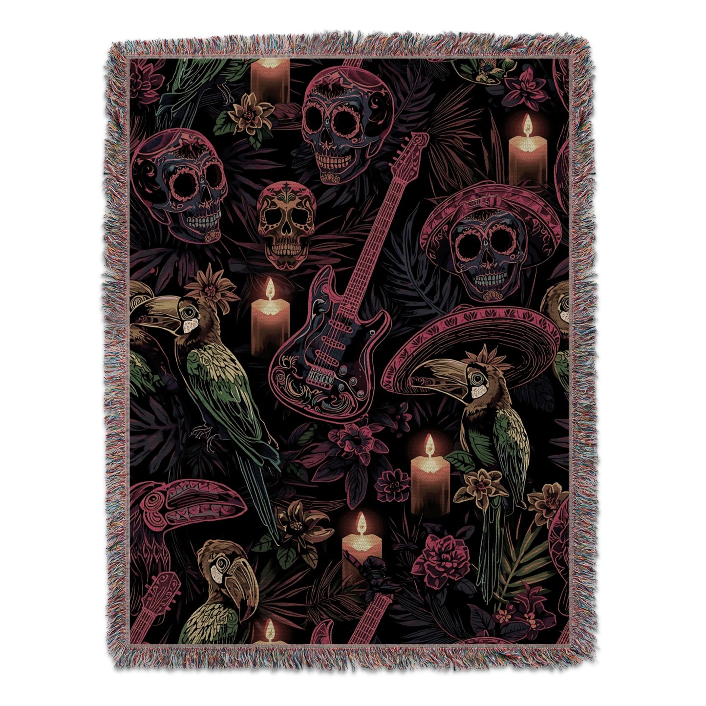 Vibrant Skull Guitar and Parrot Woven Tapestry product type
