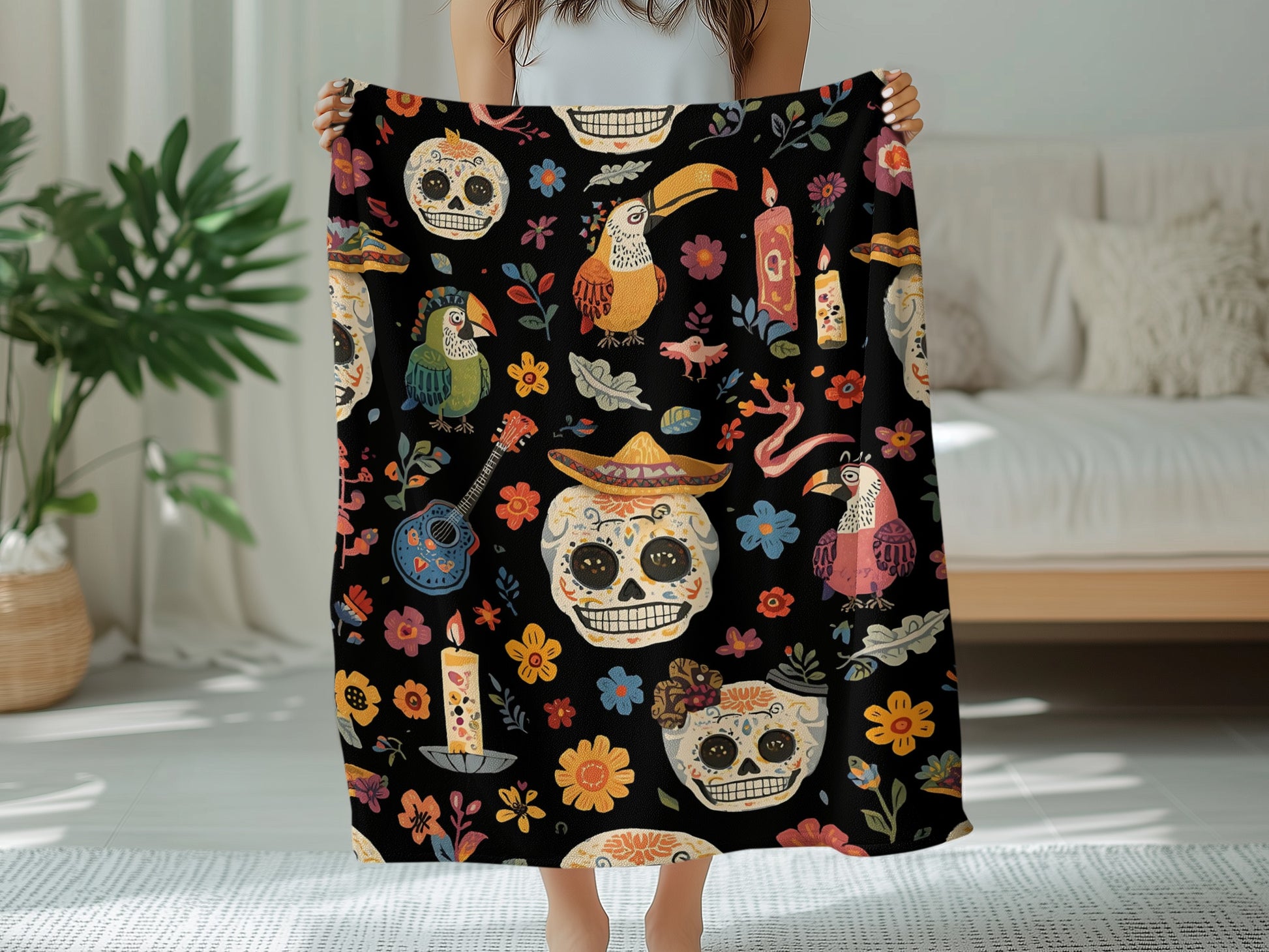 Vibrant Day of the Dead Skulls and Birds Blanket product