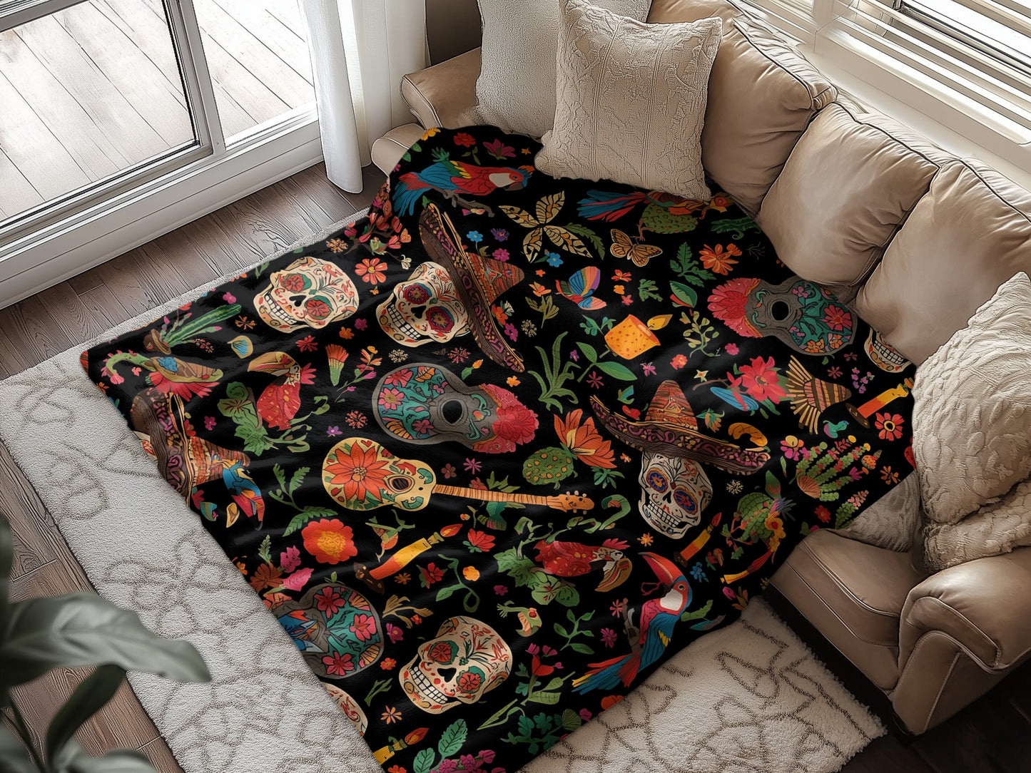 Colorful Skull and Flower Design Cozy Blanket product