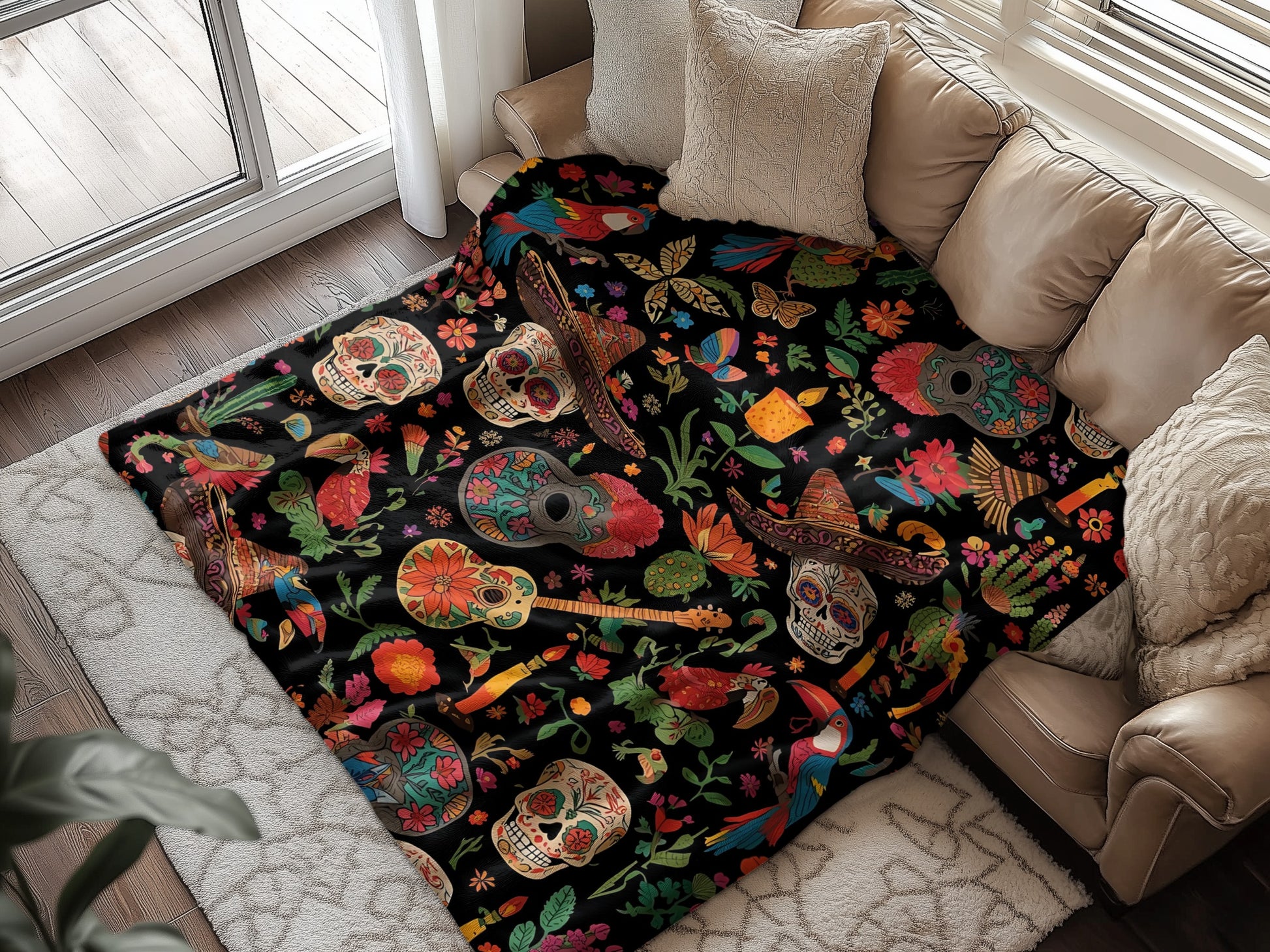 Colorful Skull and Flower Design Cozy Blanket product