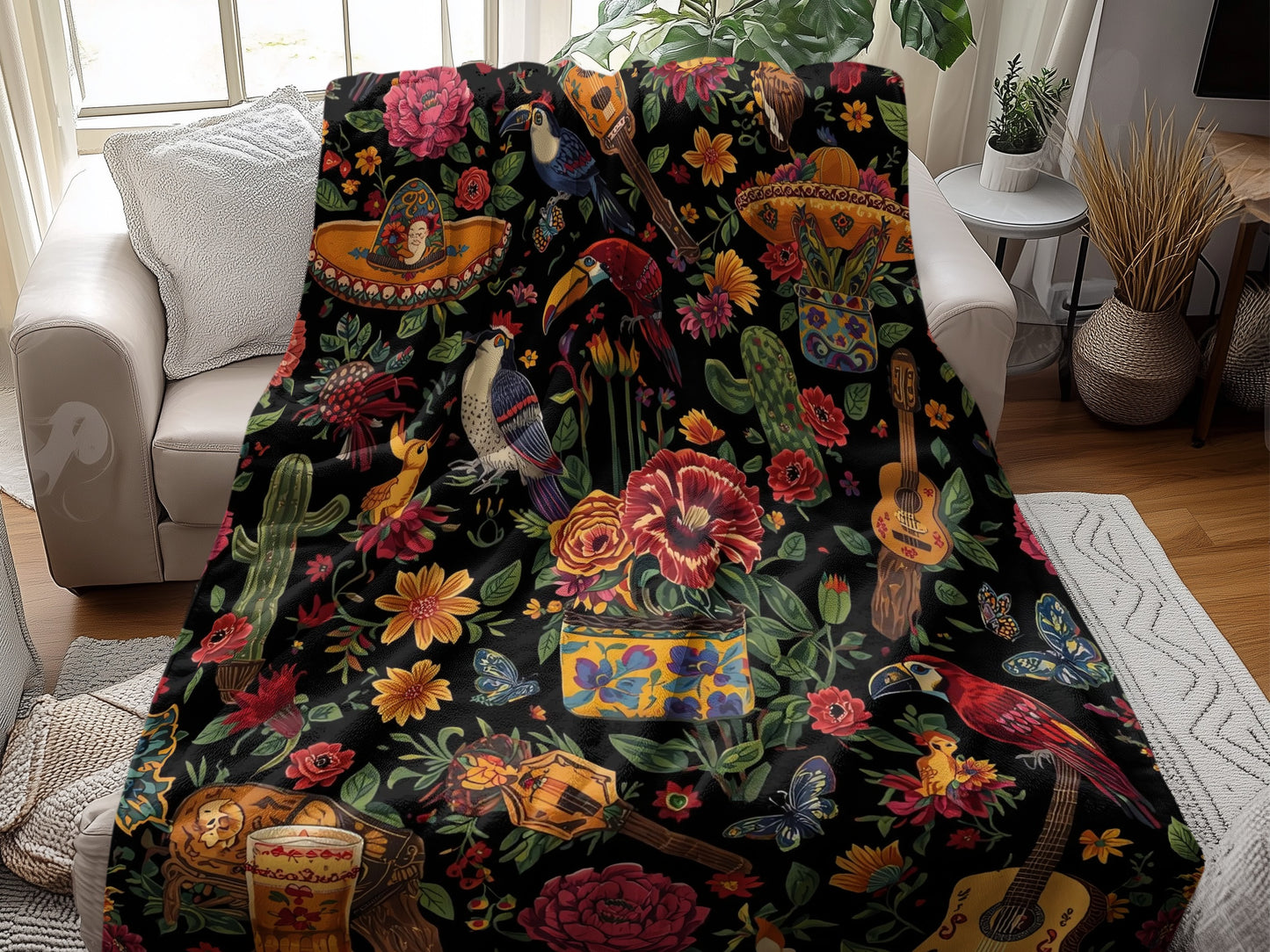 Colorful Floral and Parrot Blanket product type