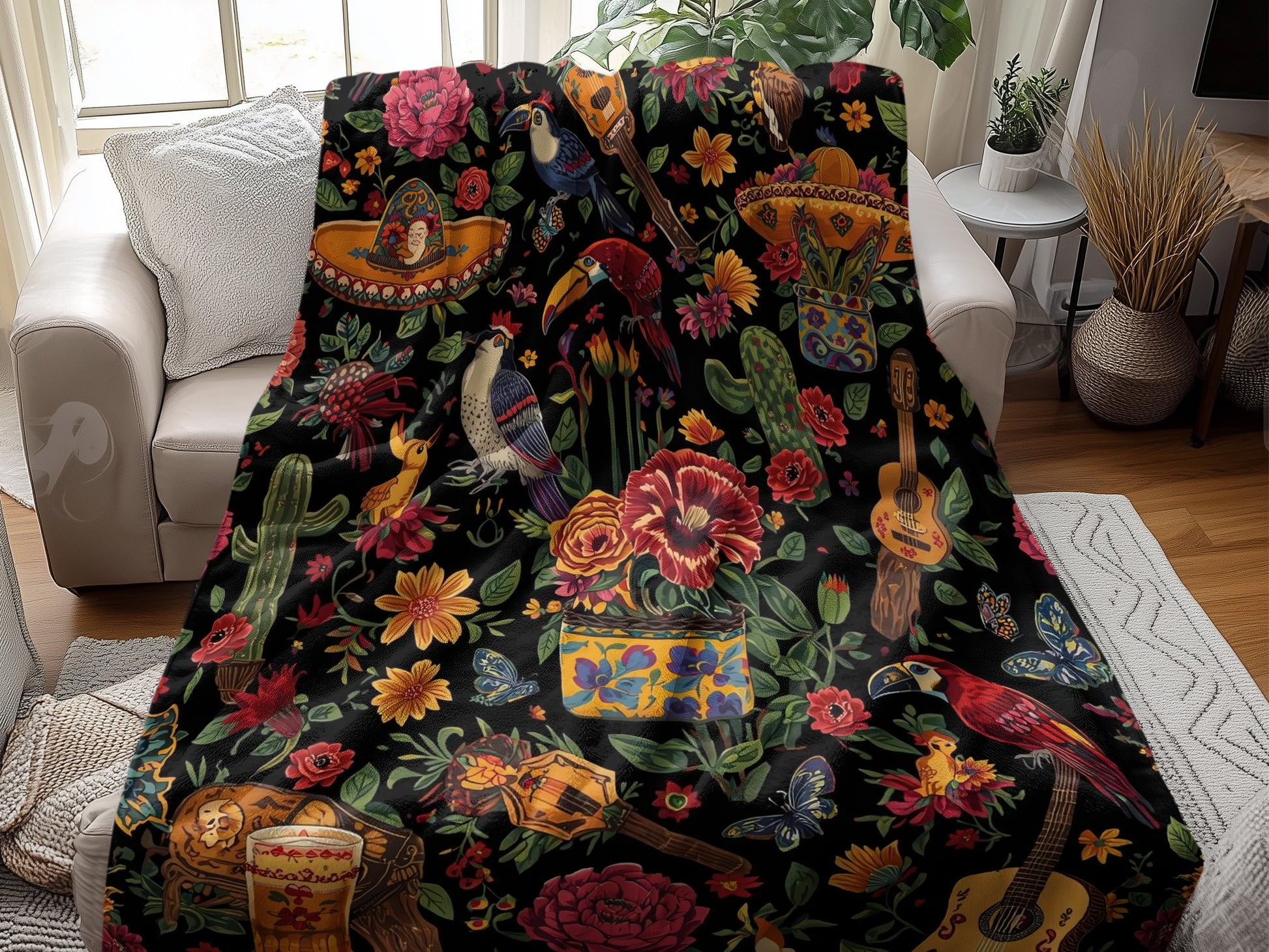 Colorful Floral and Parrot Blanket product type