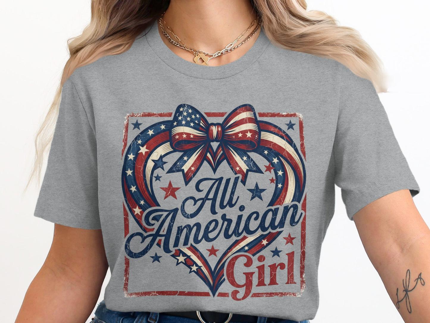 Gray t-shirt with "All American Girl" text inside a patriotic heart design.