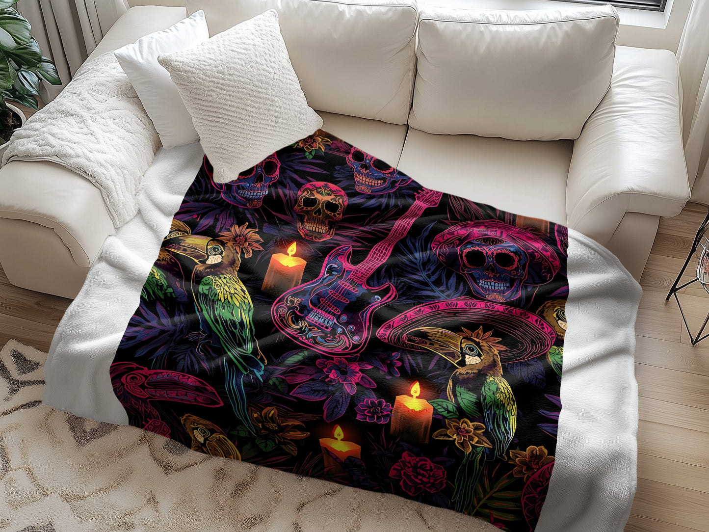 Vibrant Guitar Parrots Skulls Themed Blanket product