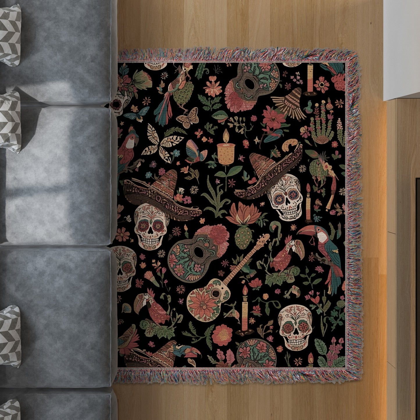 Colorful Day of the Dead Themed Living Room Rug Product