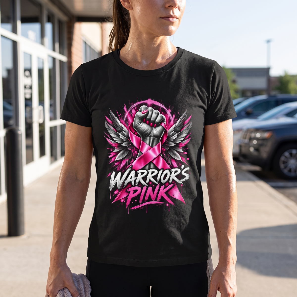 Woman wearing the Warrior's Pink breast cancer awareness t-shirt outside a gym