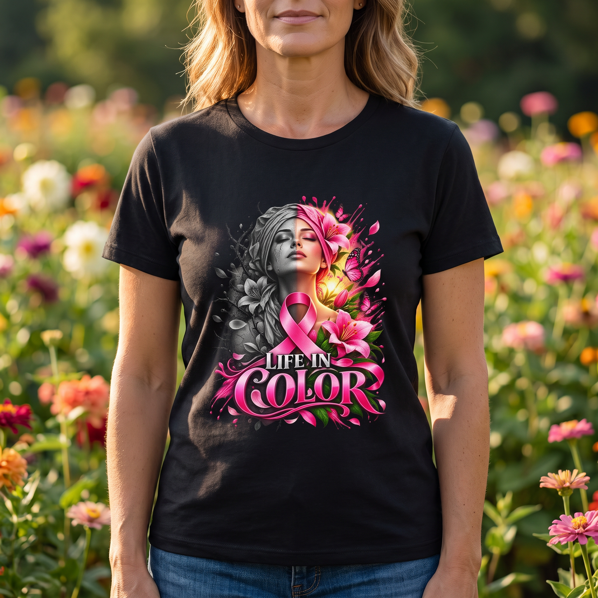 Woman wearing the Life in Color breast cancer awareness t-shirt in a flower garden
