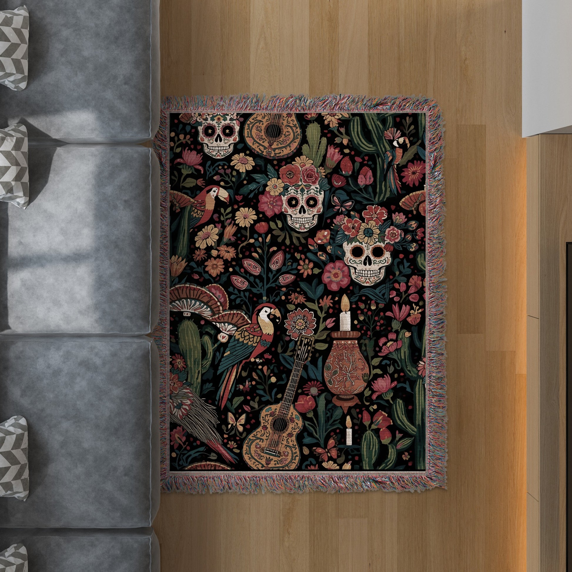 Colorful Day of the Dead Skulls and Birds Rug product