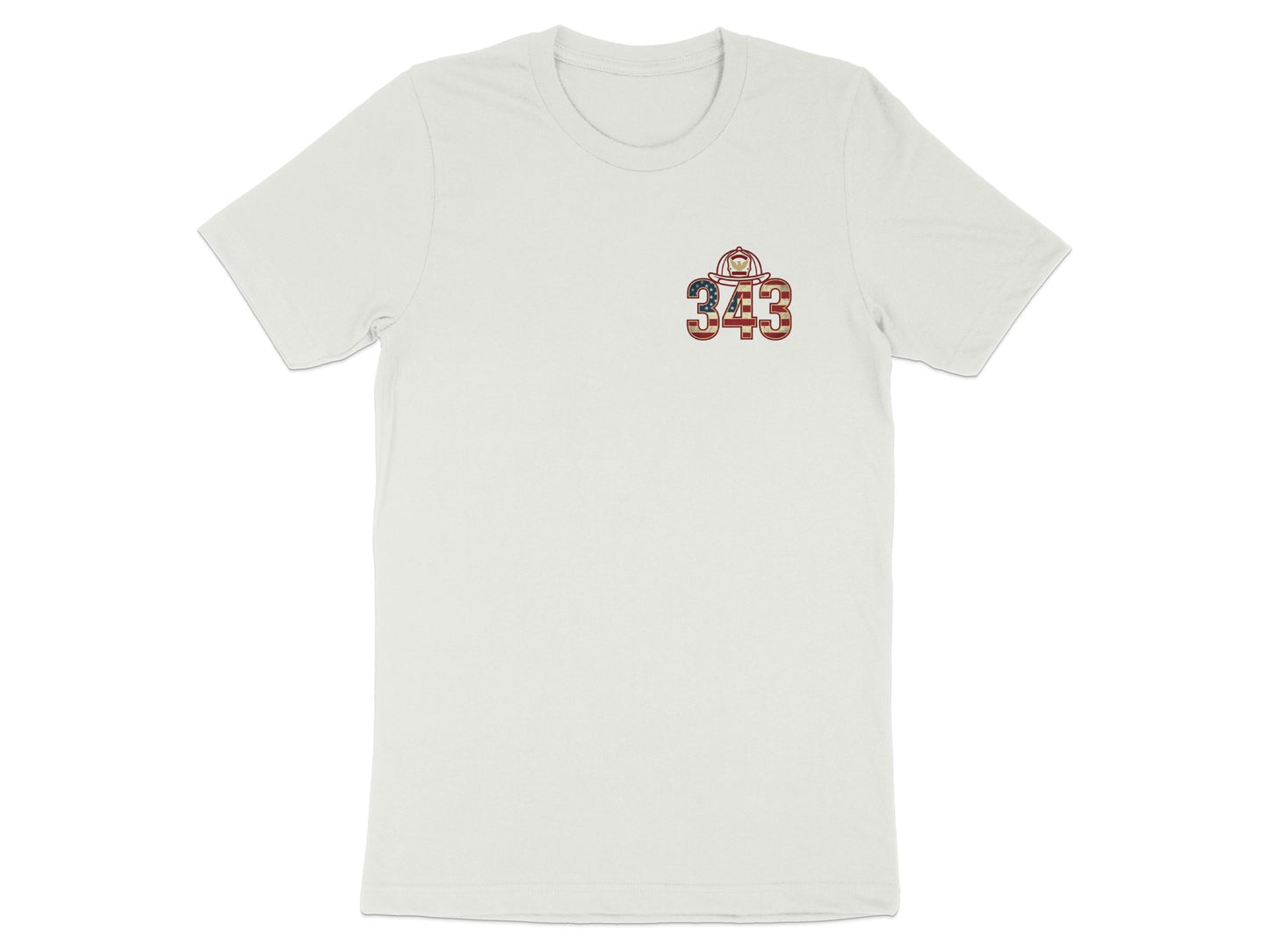 White t-shirt with embroidered firefighter helmet and "343" in American flag design.