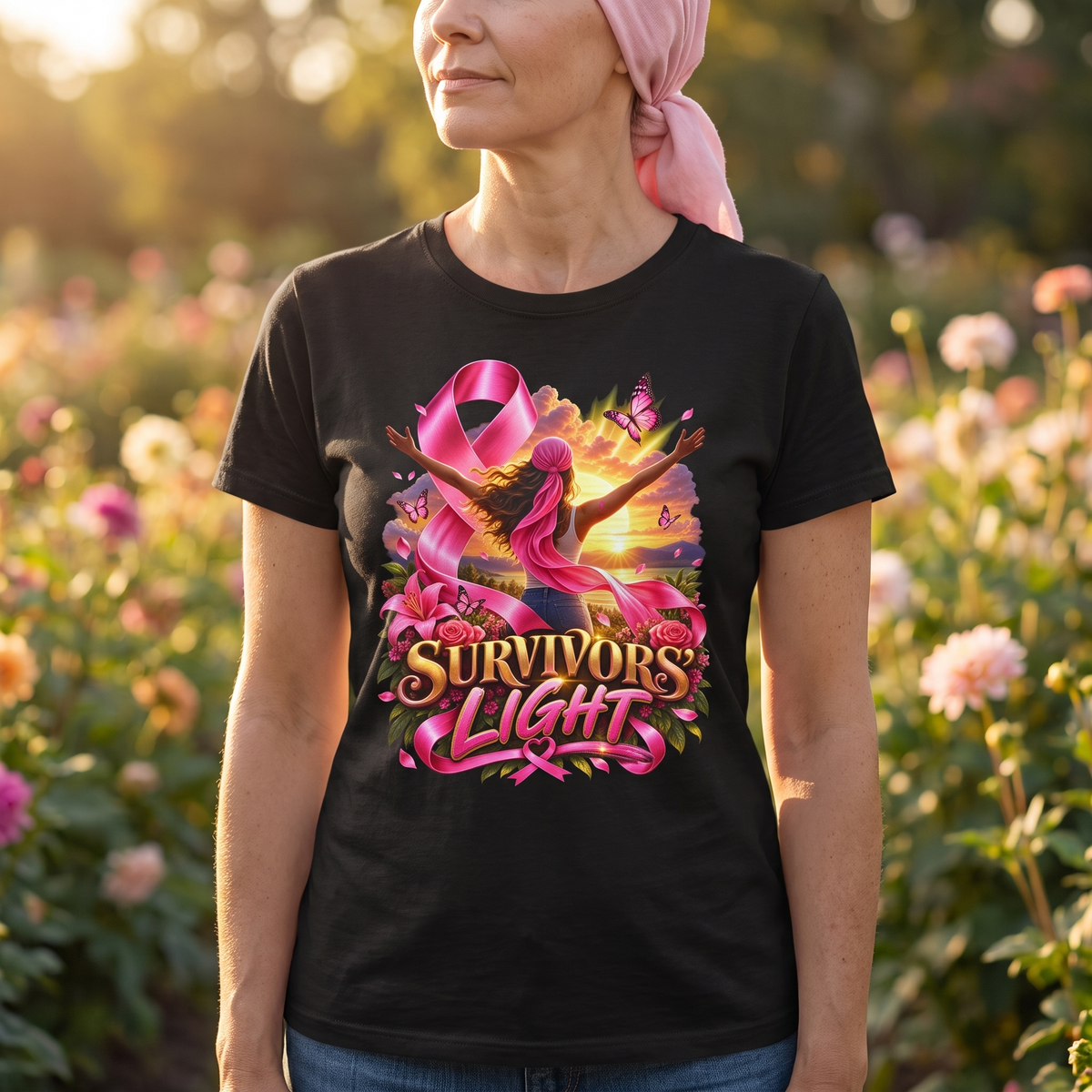 Woman in a pink headscarf wearing the Survivors' Light breast cancer awareness t-shirt in a sunlit garden