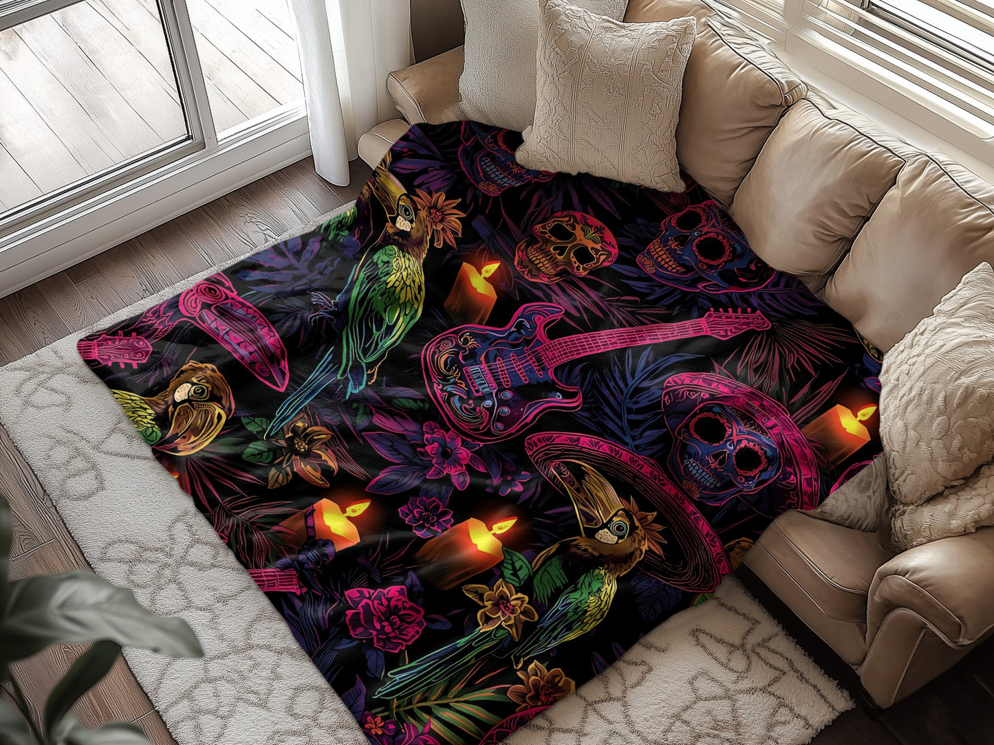 Colorful Guitar Parrots Skulls Artwork Blanket product
