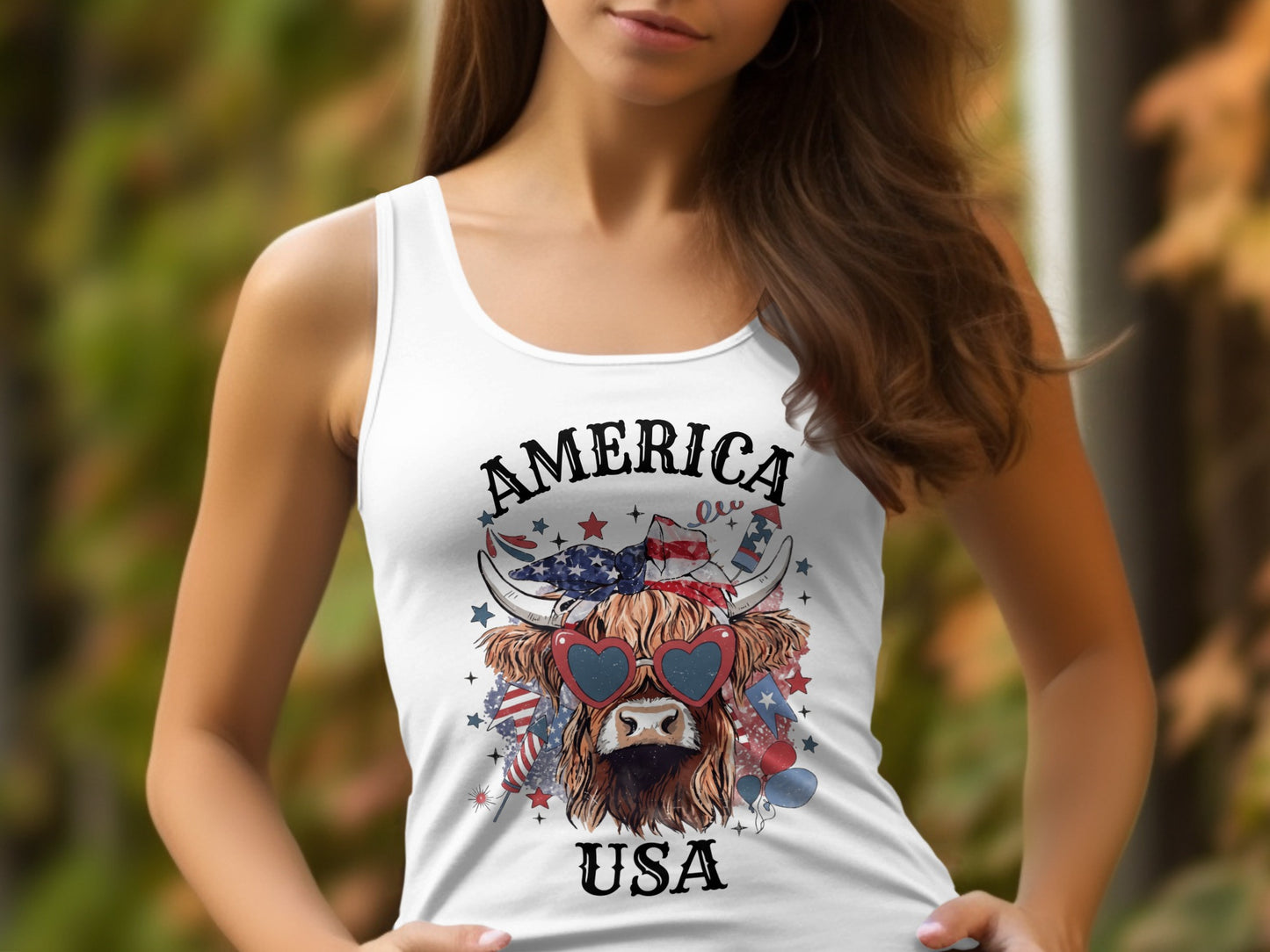 White tank top with Highland cow graphic and "America USA" text.
