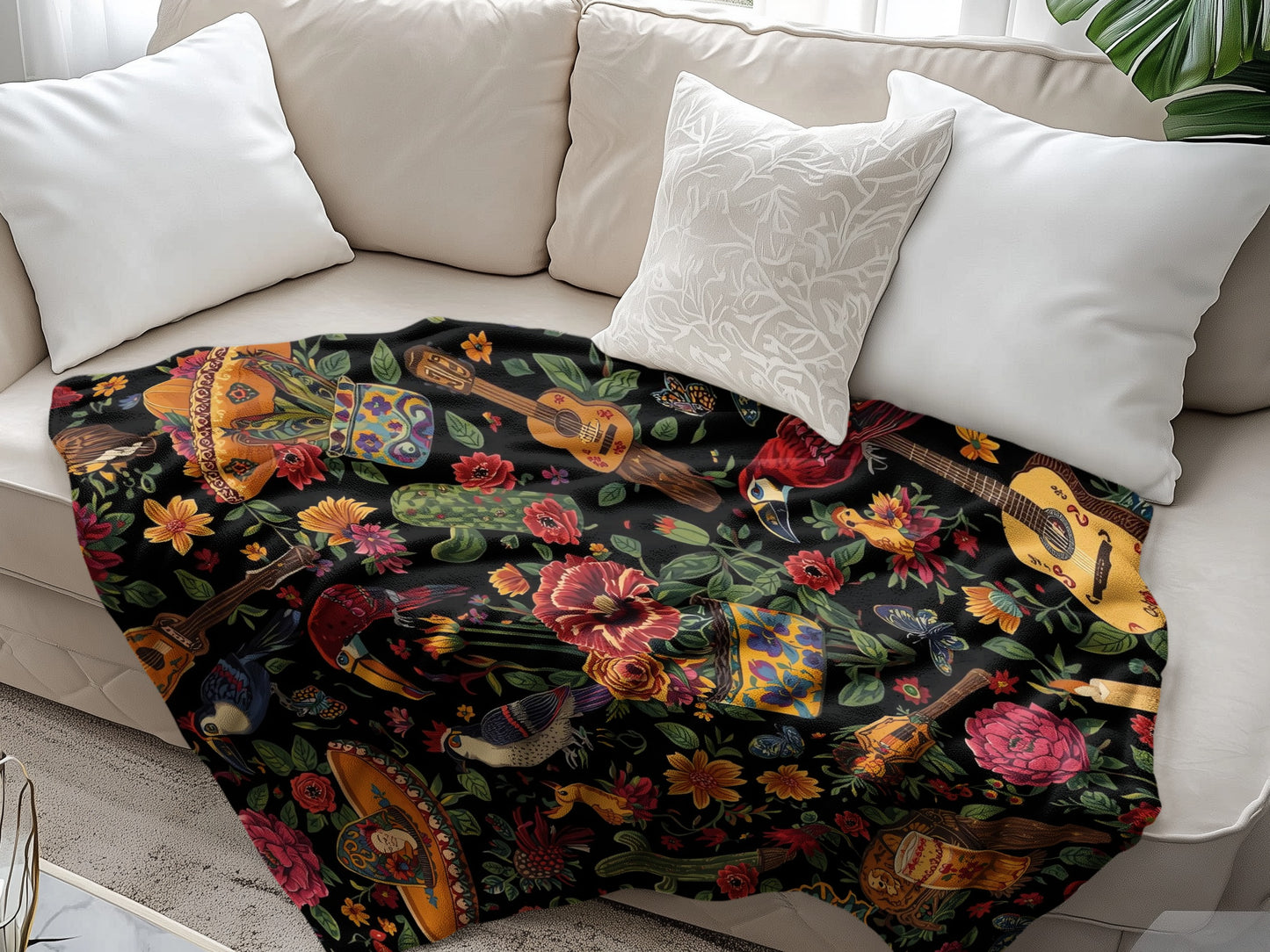 Festive Floral and Guitar Pattern Throw Blanket product type