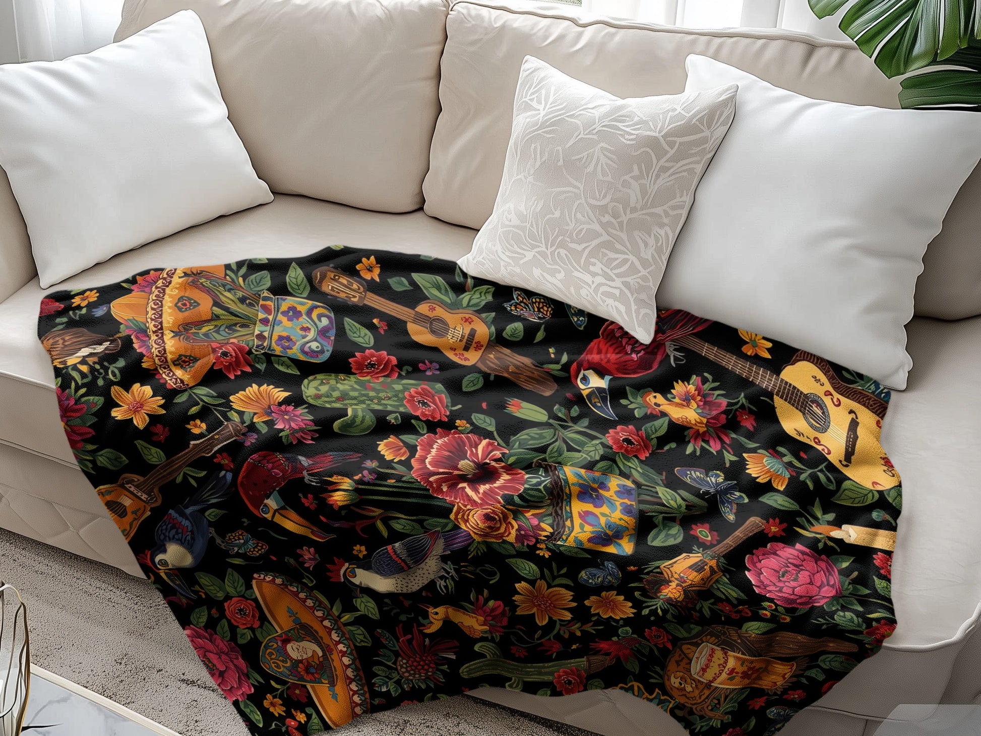 Festive Floral and Guitar Pattern Throw Blanket product type