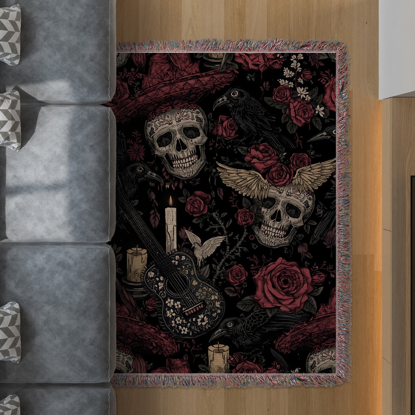Gothic Skull and Roses Design Living Room Rug Product Type
