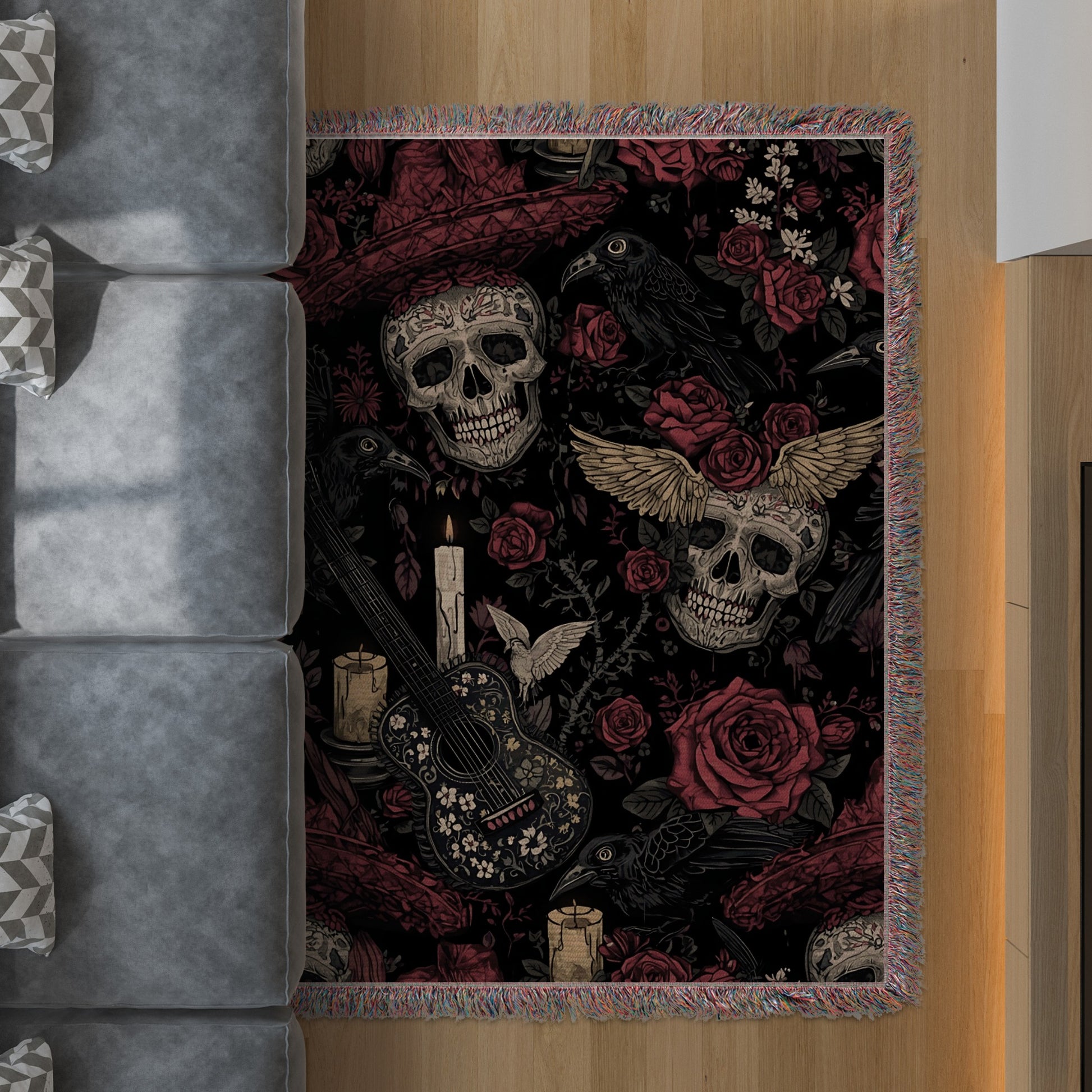 Gothic Skull and Roses Design Living Room Rug Product Type