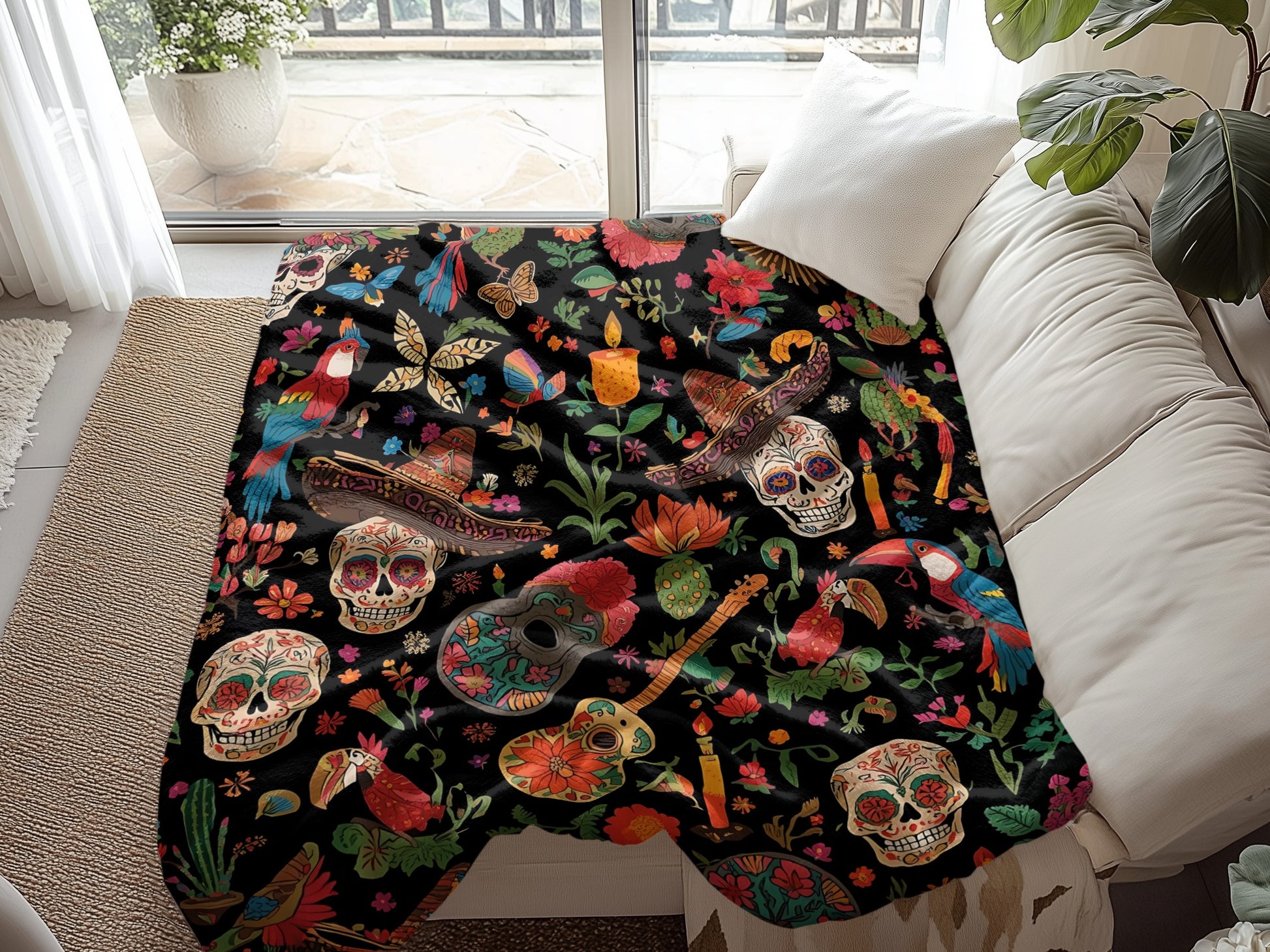 Colorful Day of the Dead skulls printed blanket product