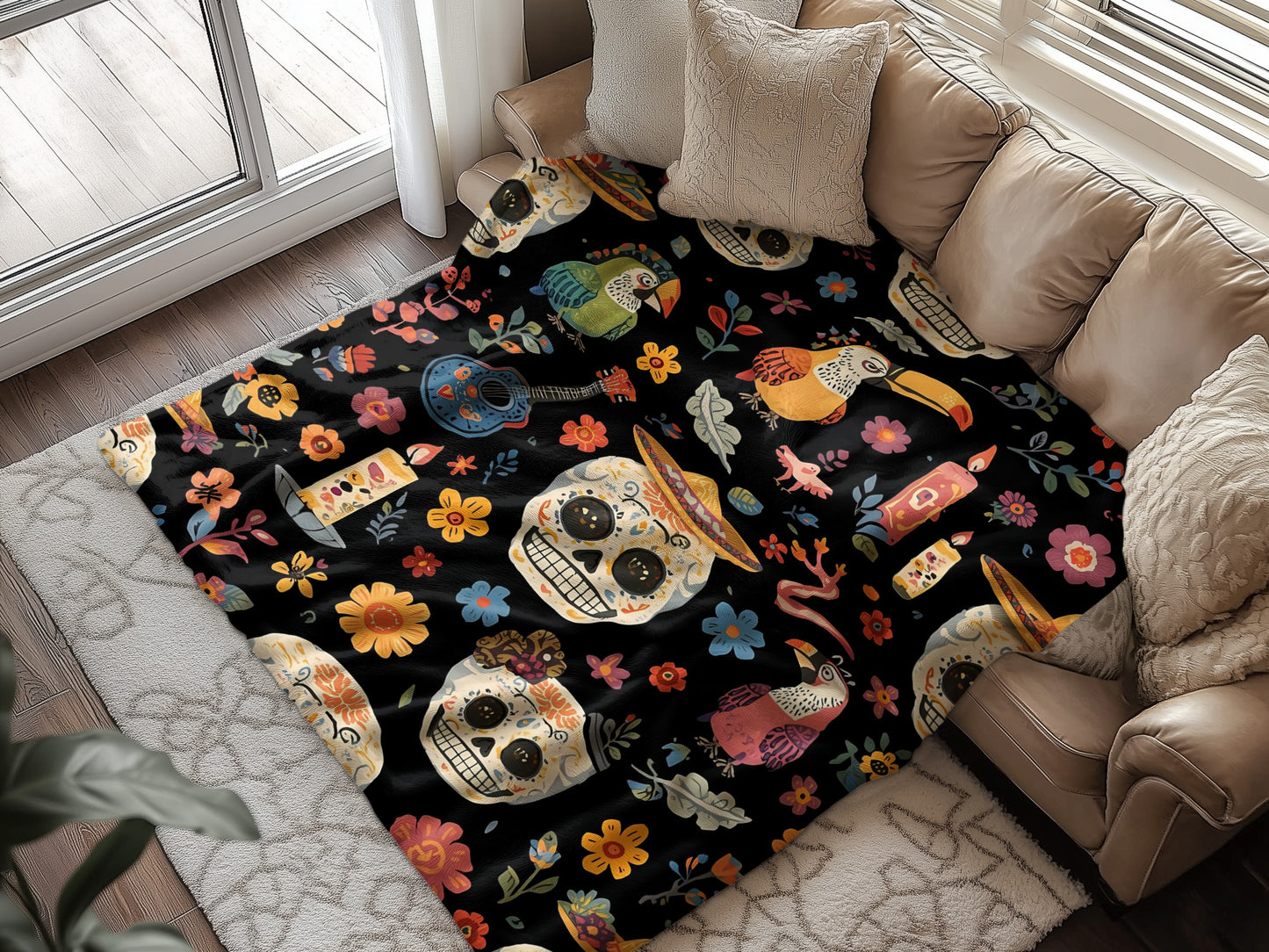 Colorful Skulls and Birds Patterned Cozy Blanket product