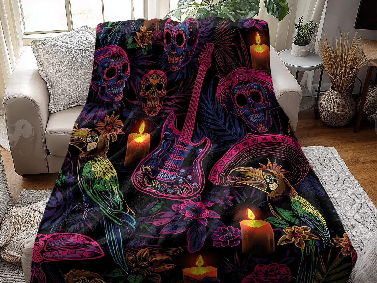 Colorful Day of the Dead Parrot and Guitar Throw Blanket product type