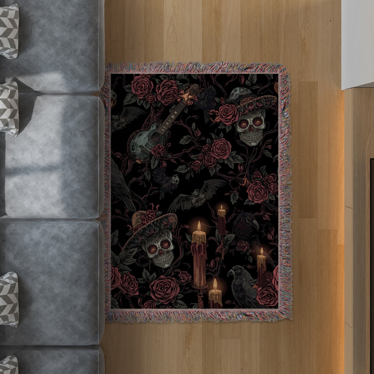 Gothic Skull Roses and Candles Art Throw Blanket product