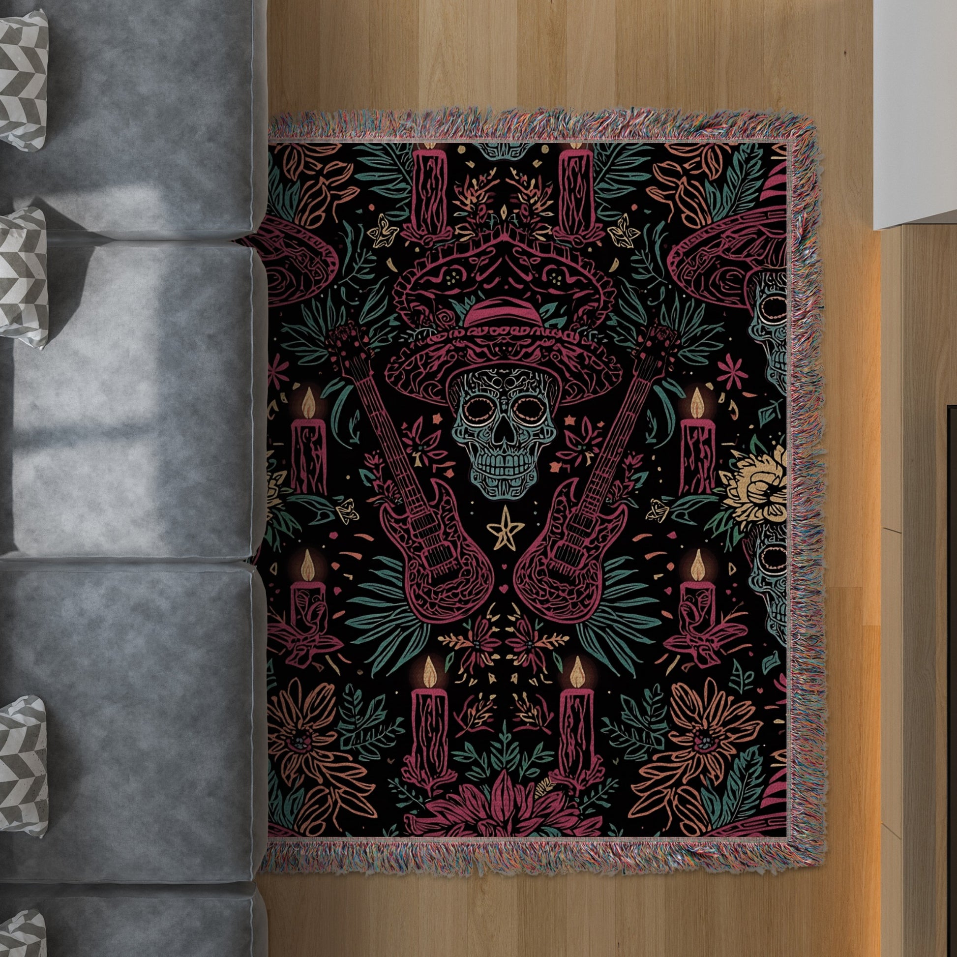 Colorful Skeleton and Guitars Themed Artistic Rug product type