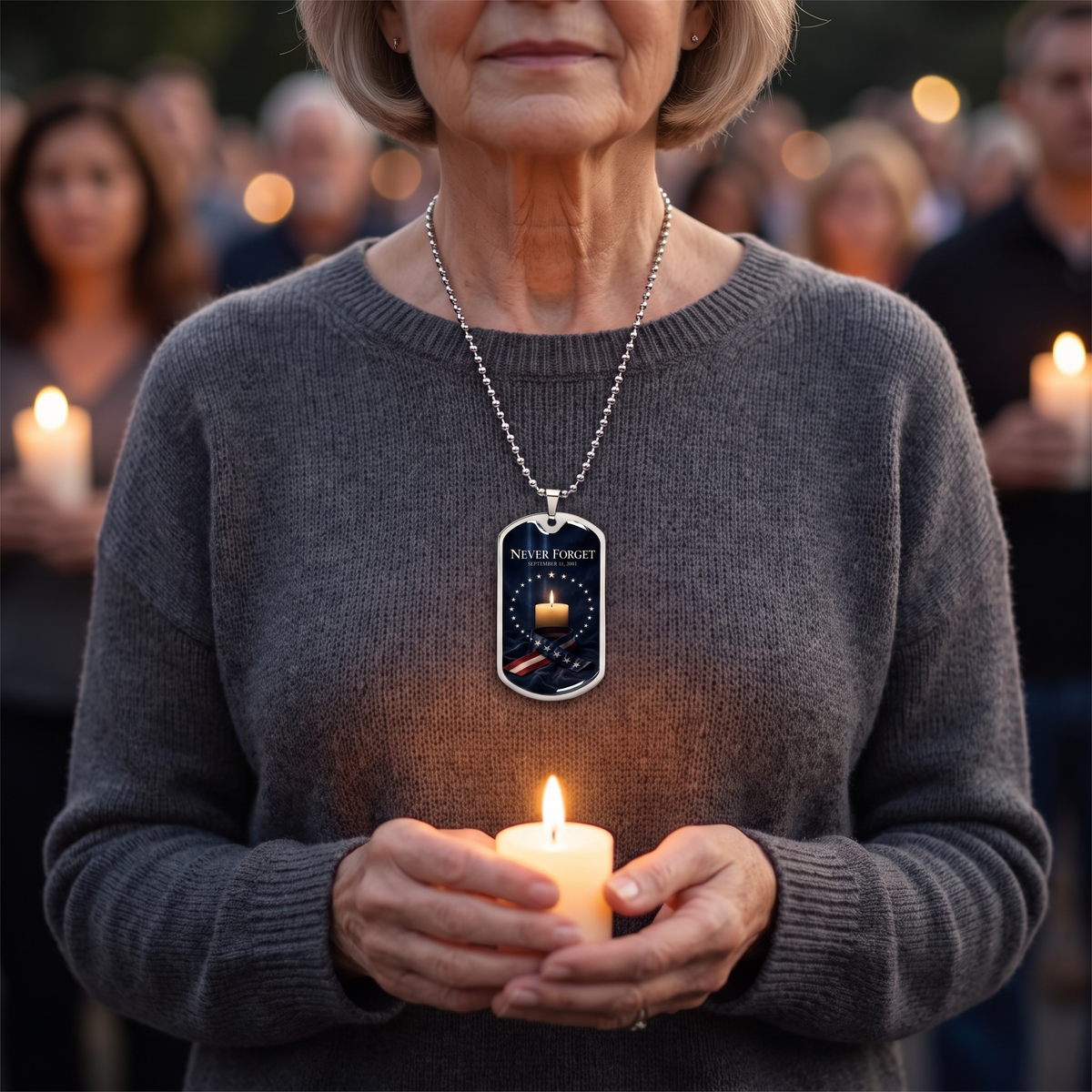 Woman wearing the 9/11 memorial candle dog tag necklace at an evening candlelight vigil
