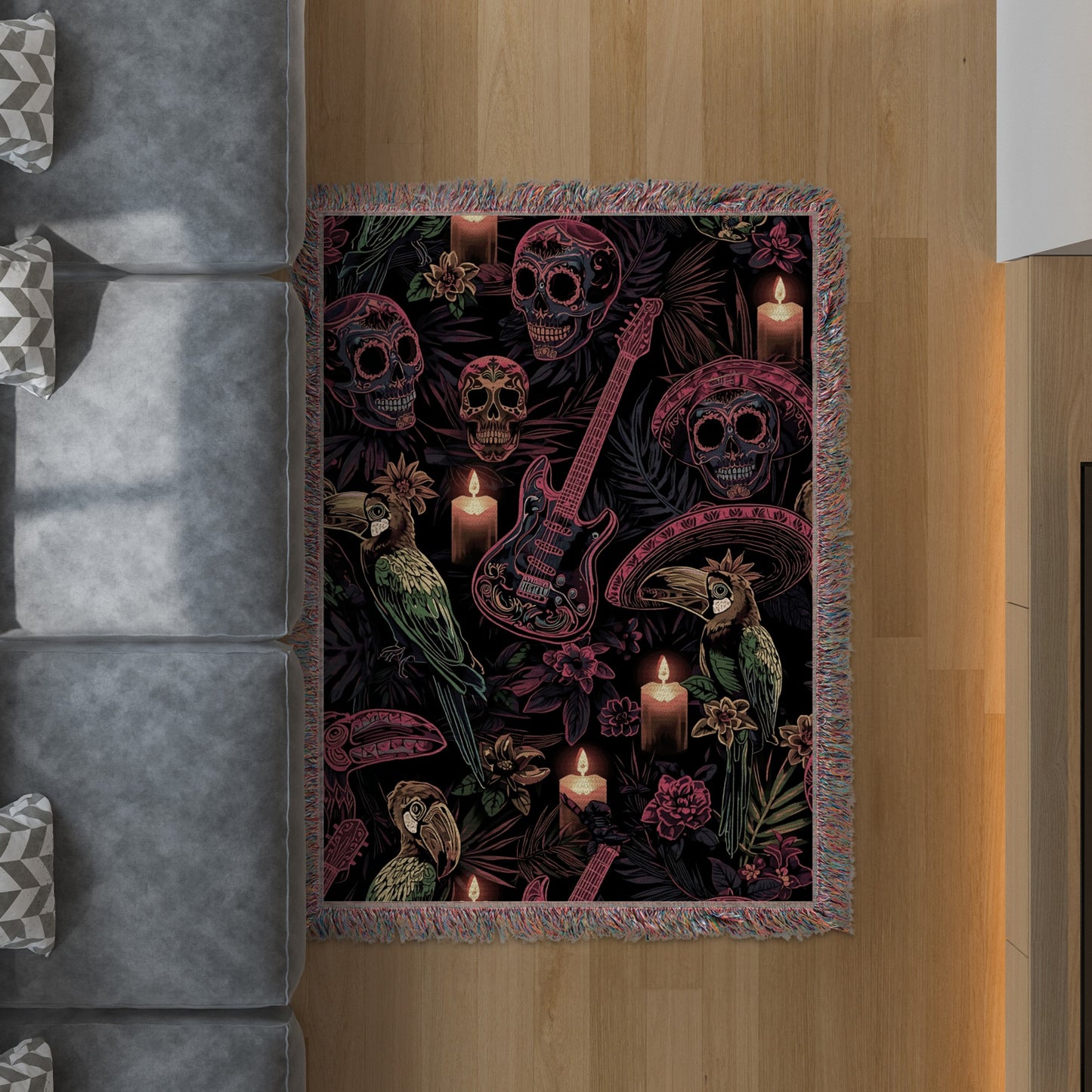 Vibrant Skull and Guitar Print Decorative Throw Blanket
