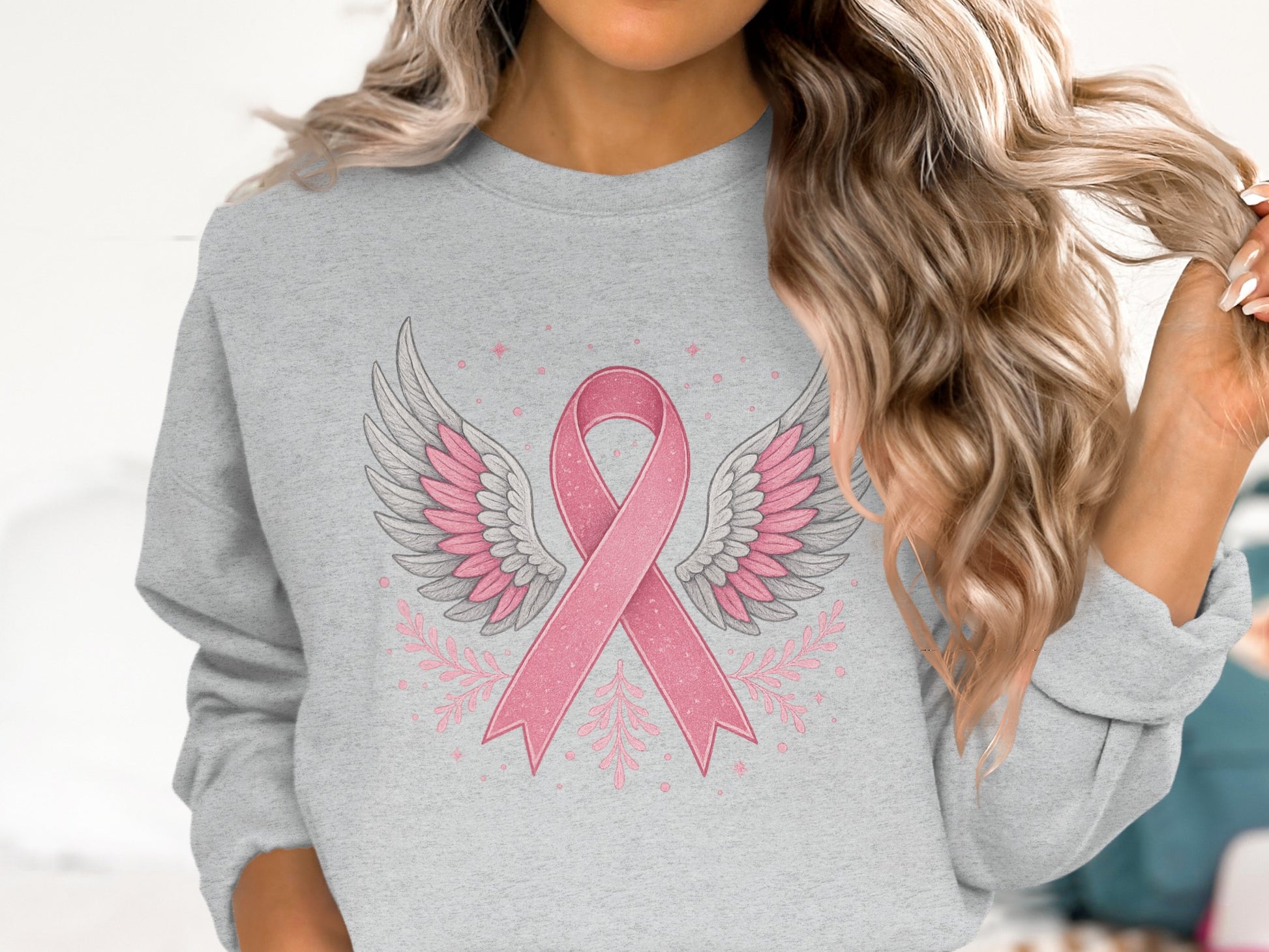 Pink Ribbon Angel Wings Artwork on Sweatshirt product type