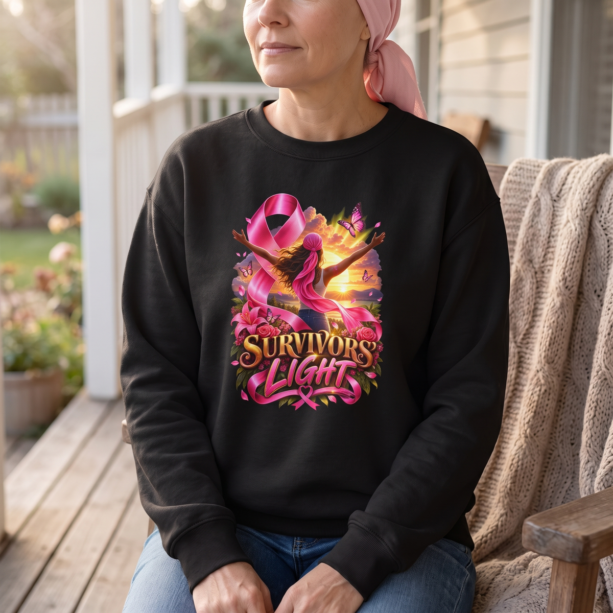 Woman in a pink headscarf wearing the Survivors' Light breast cancer awareness crewneck sweatshirt on a porch