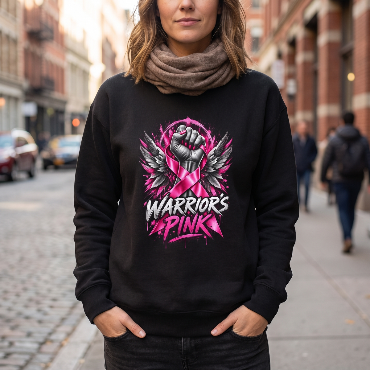 Woman wearing the Warrior's Pink breast cancer awareness crewneck sweatshirt on a city sidewalk