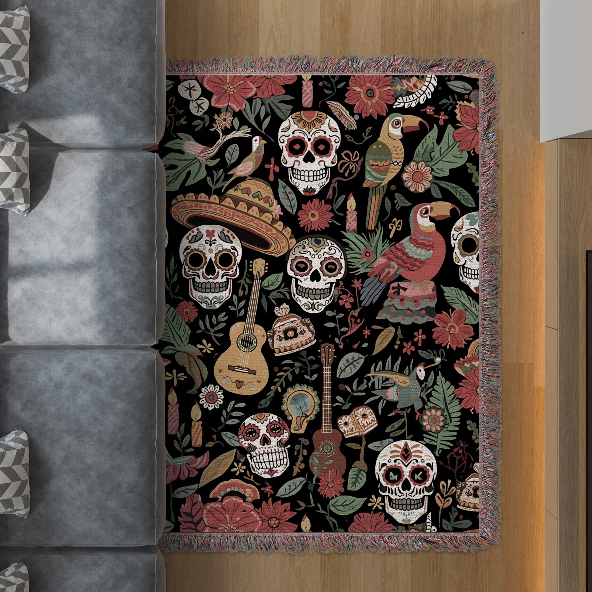Vibrant Sugar Skulls and Parrots Themed Rugs product type