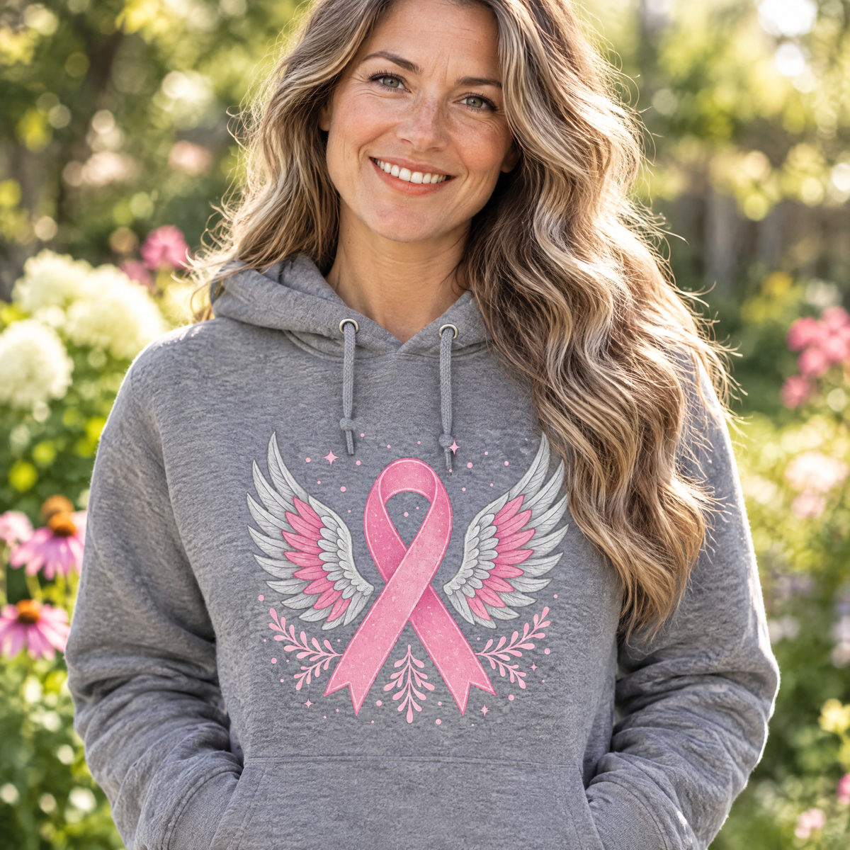 Woman wearing the Angel Wings Pink Ribbon Awareness Collection breast cancer awareness hoodie