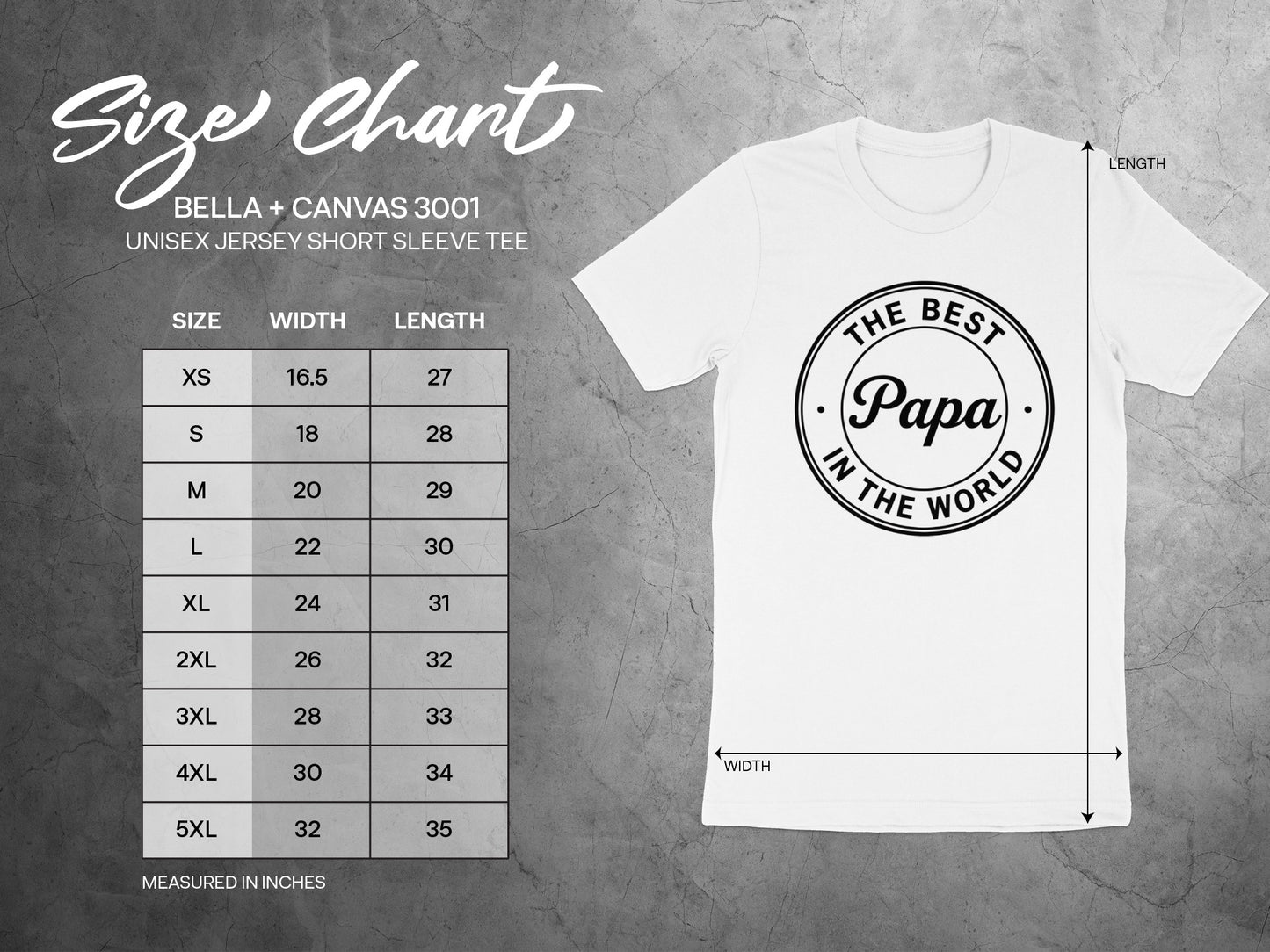 Size chart for Bella+Canvas 3001 unisex tee with Papa graphic.