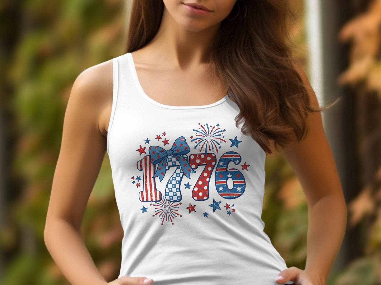 White tank top with a distressed 1776 graphic featuring patriotic patterns and fireworks.