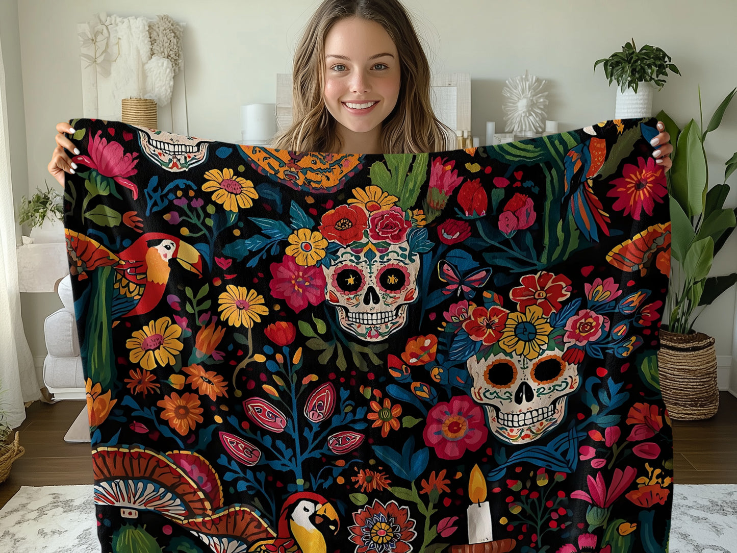 Colorful Floral Skull and Parrot Pattern Blanket product