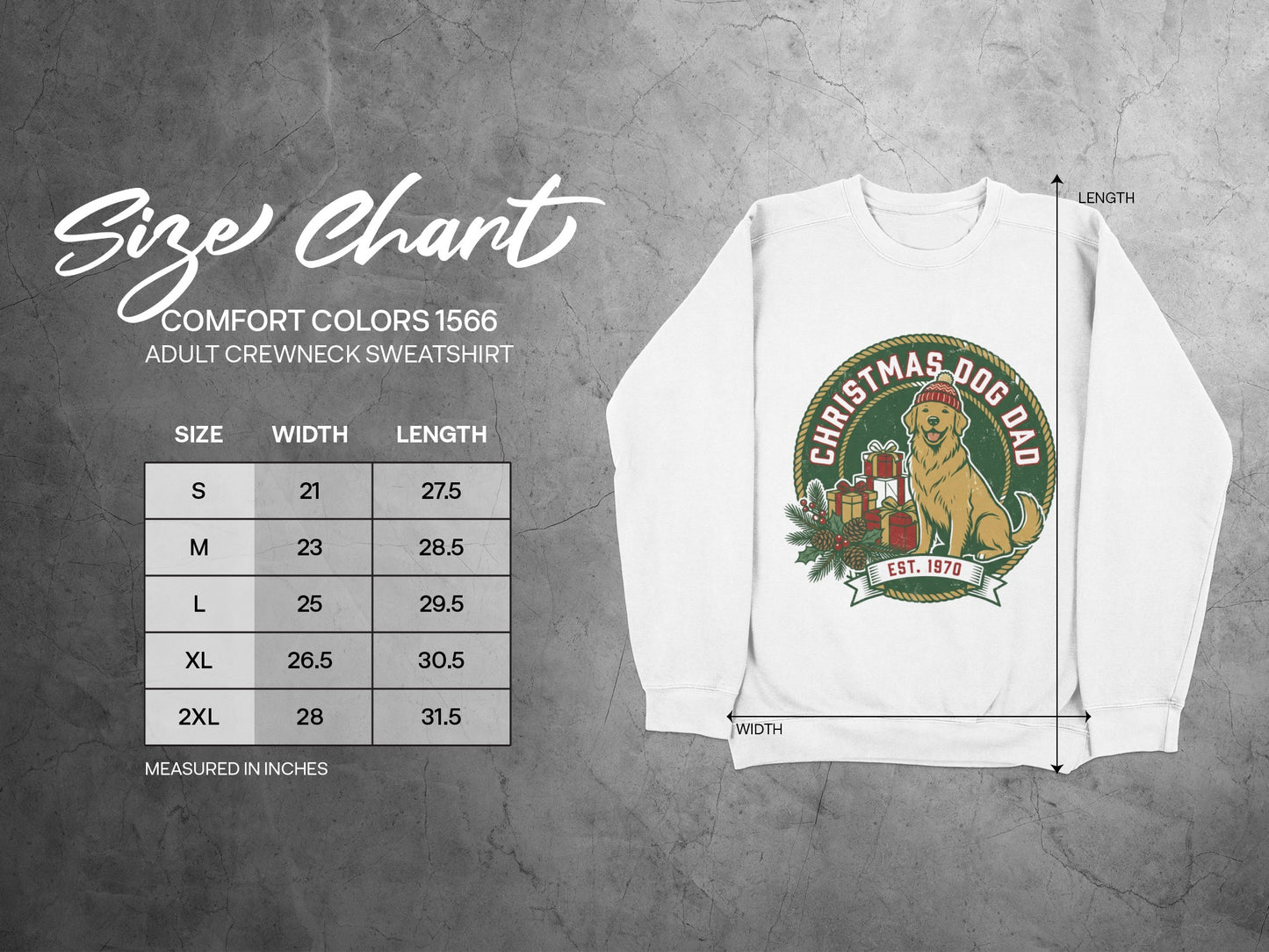 Size chart for adult crewneck sweatshirt with Christmas dog graphic.