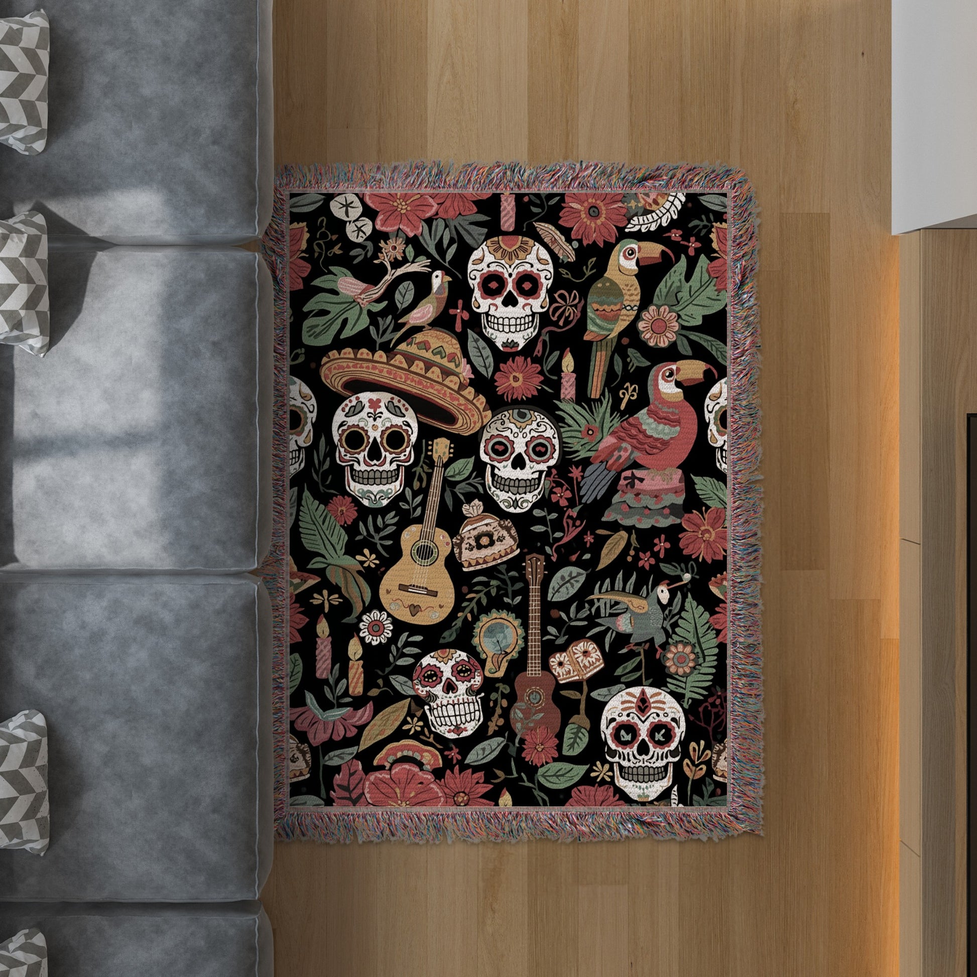 Colorful Sugar Skulls Blanket with Floral Designs blanket