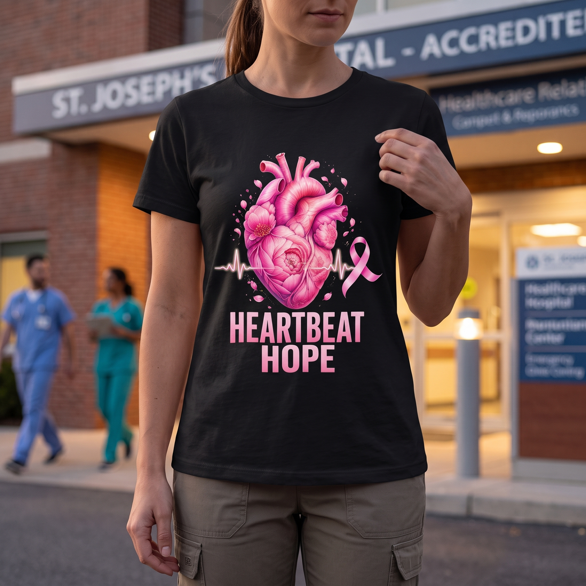 Nurse wearing the Heartbeat Hope breast cancer awareness t-shirt outside a hospital