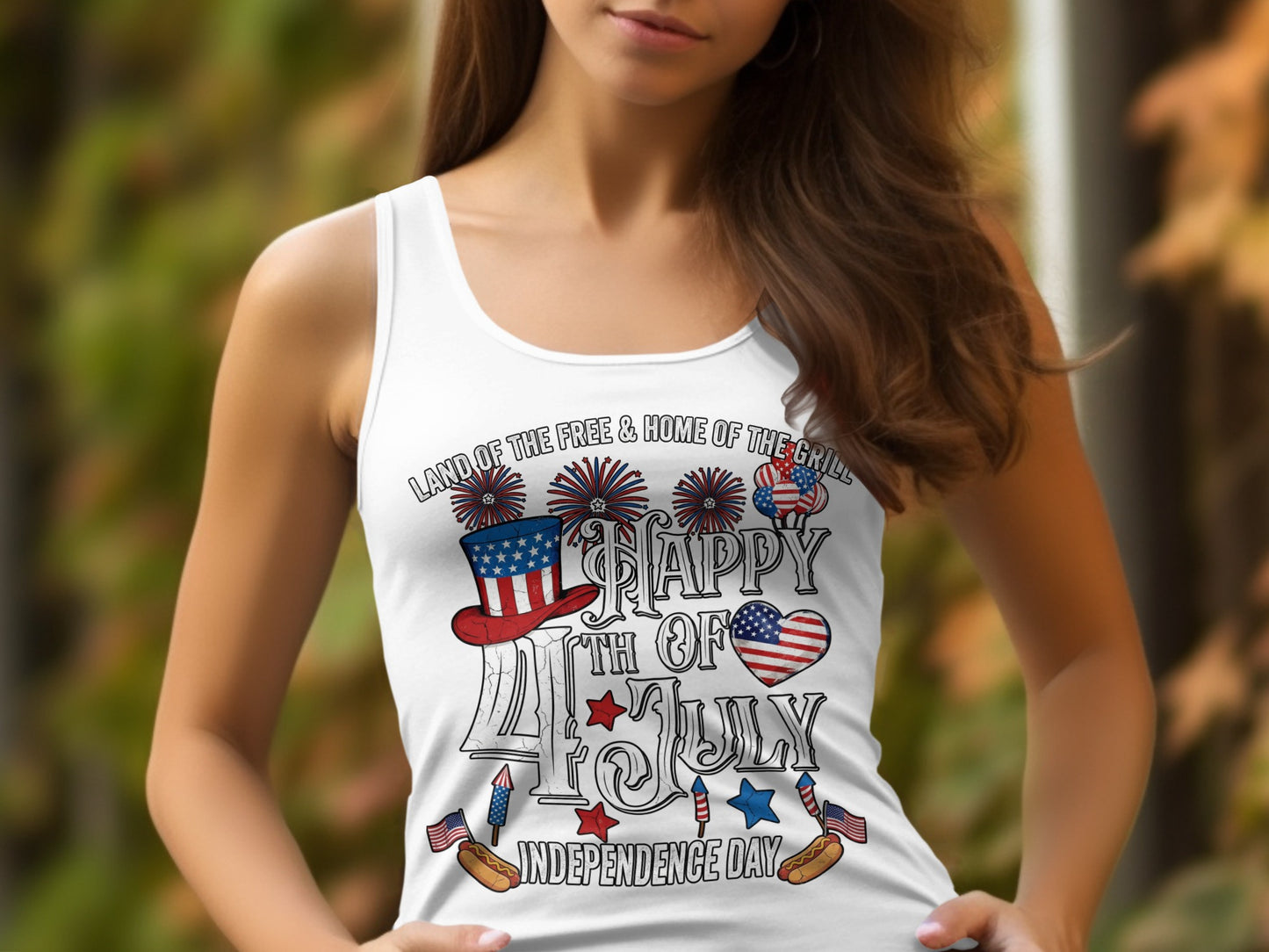 White tank top with "Happy 4th of July Independence Day" graphic.