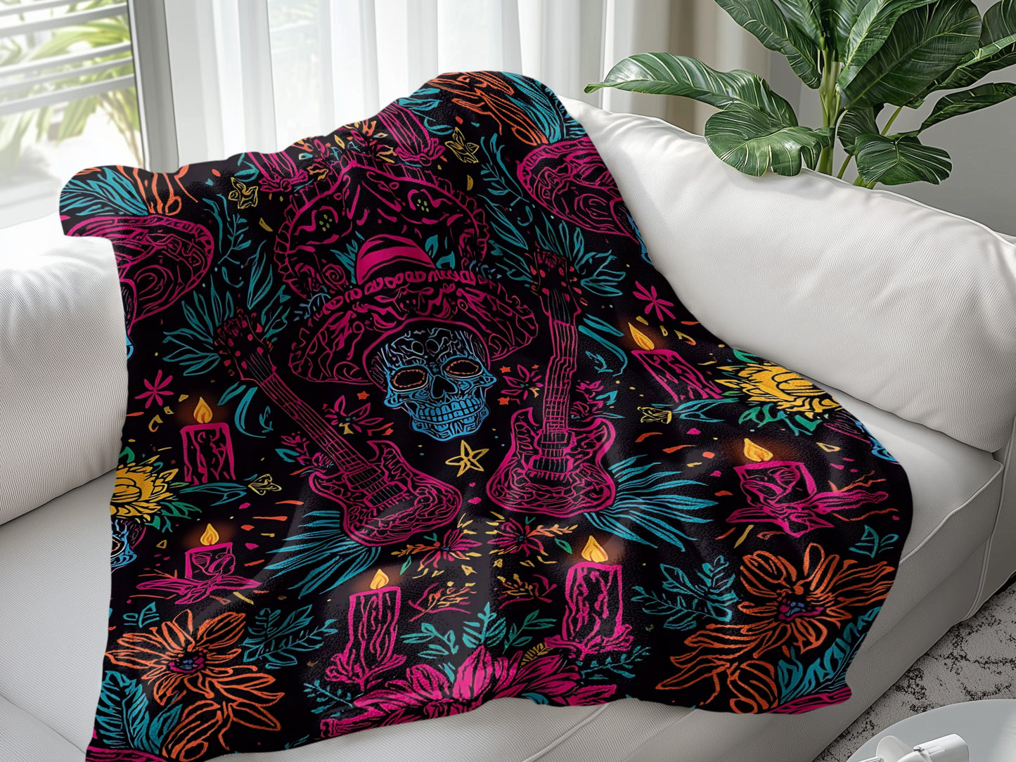 Colorful Skeleton Guitar Candle Floral Design Blanket product type