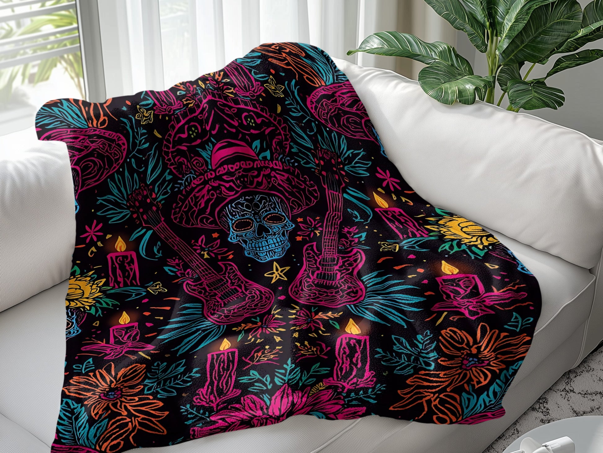 Colorful Skeleton Guitar Candle Floral Design Blanket product type