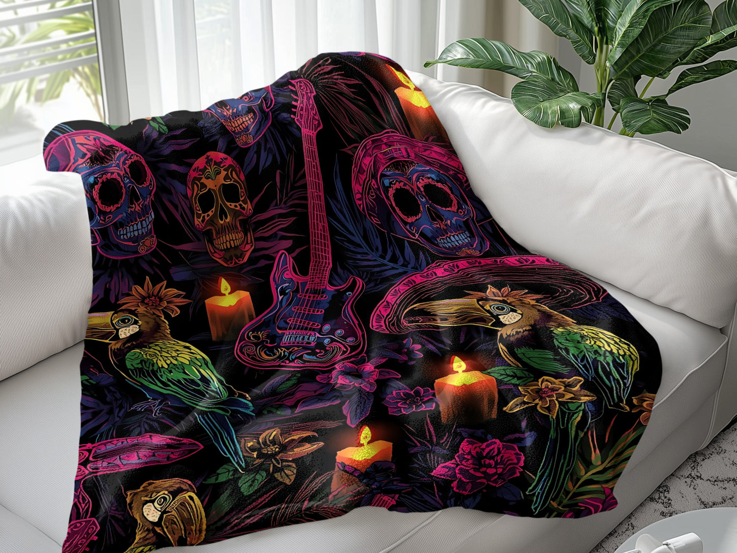 Colorful Skull Guitar Parrot Candle Design Blanket product