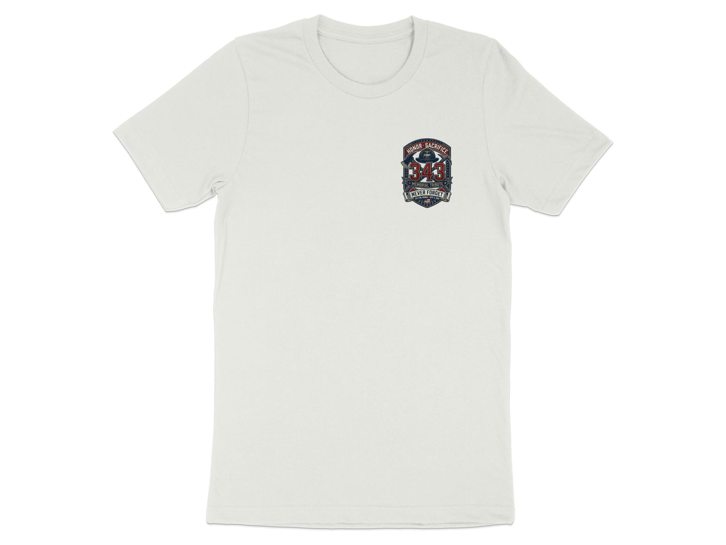 White t-shirt with "Honor Sacrifice 343 Memorial Tribute Never Forget" emblem.