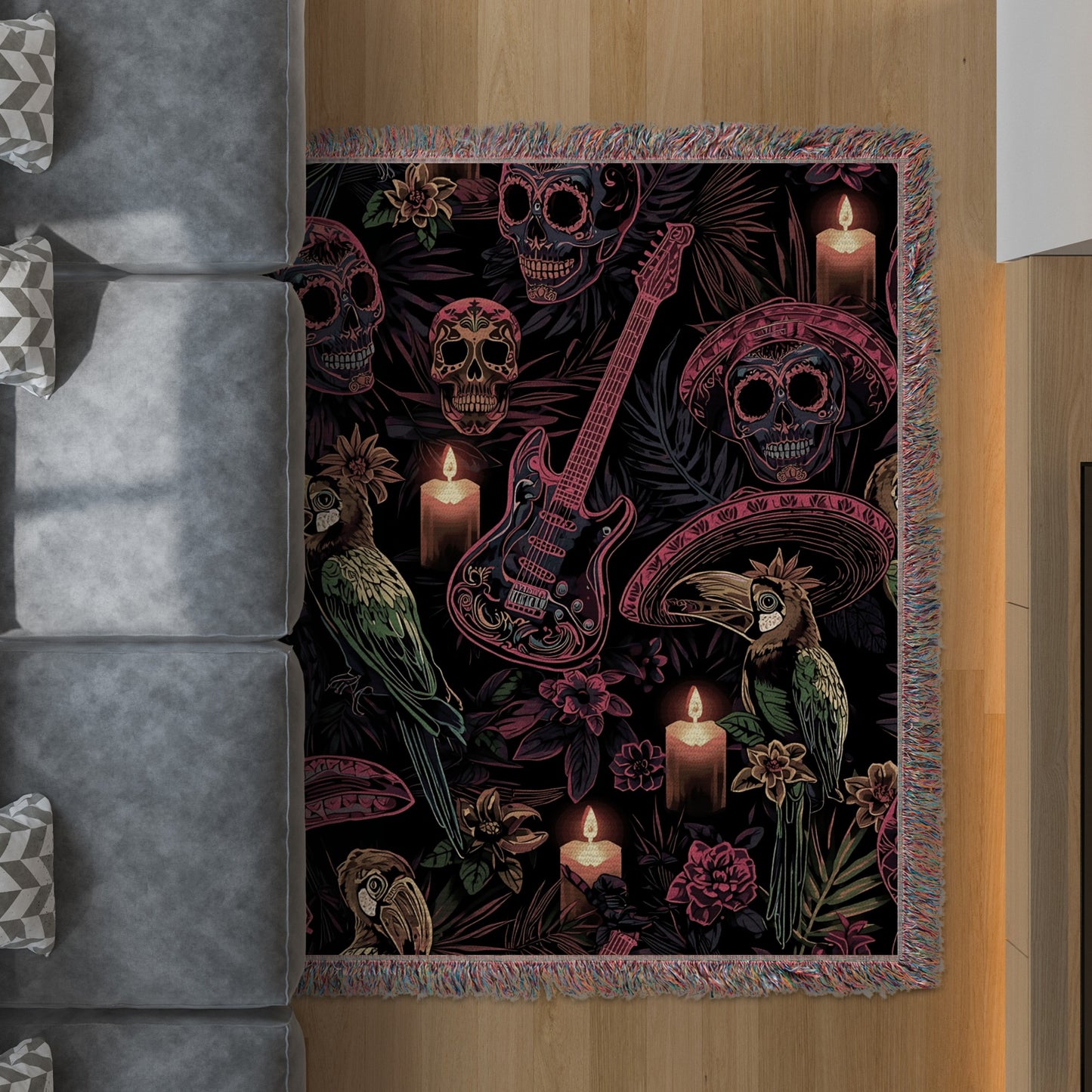 Vibrant Skull Guitar and Parrot Design Area Rug product