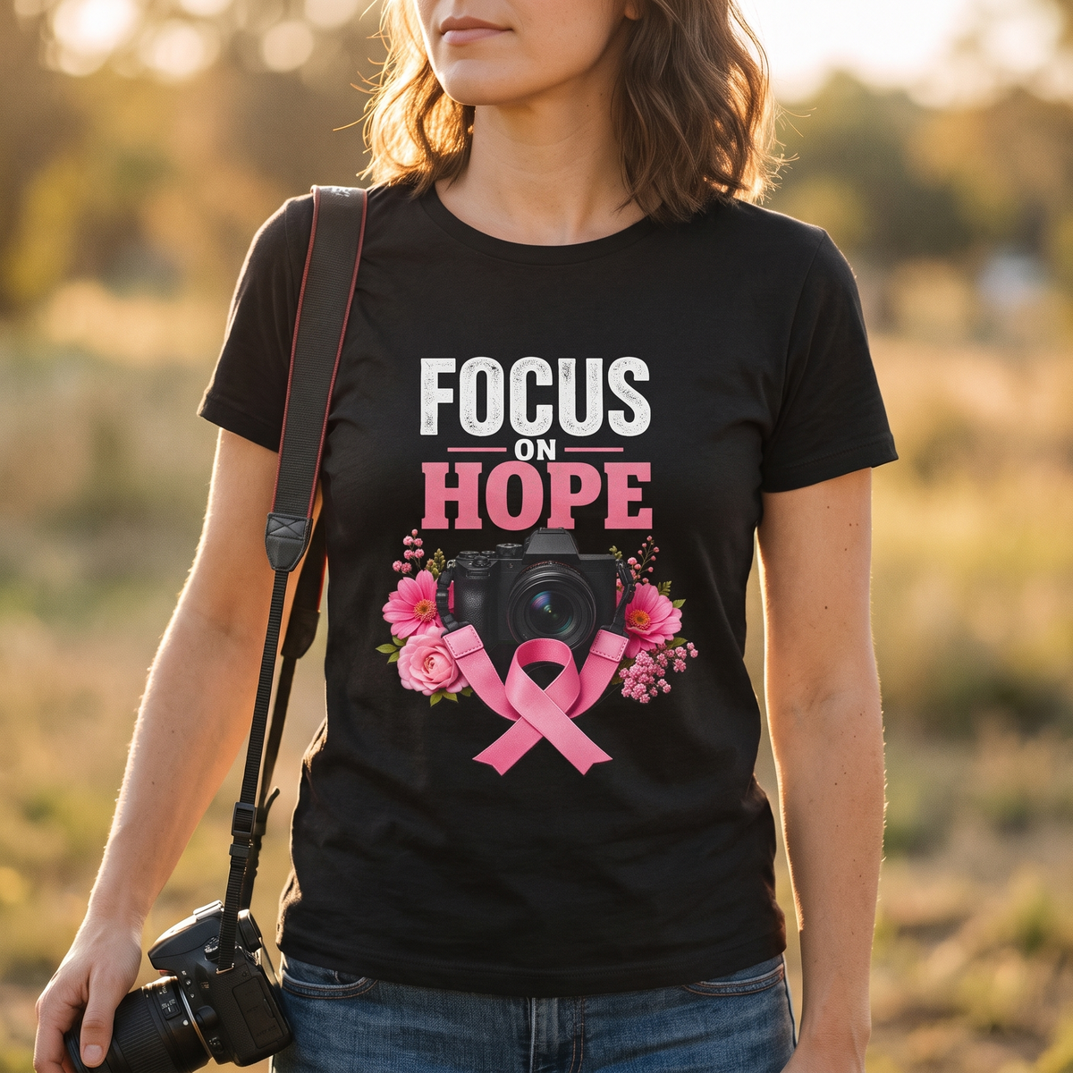 Photographer wearing the Focus on Hope breast cancer awareness t-shirt on a photo walk
